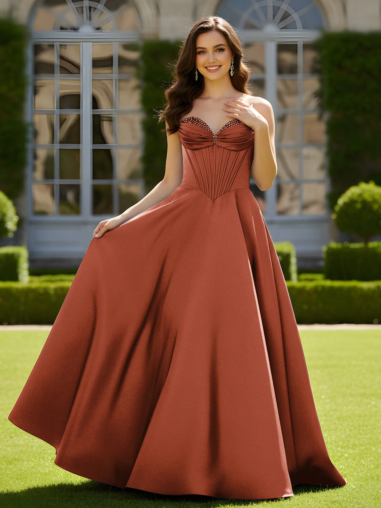 Sleeveless Sweep Train Satin Lace-Up Gown Rust