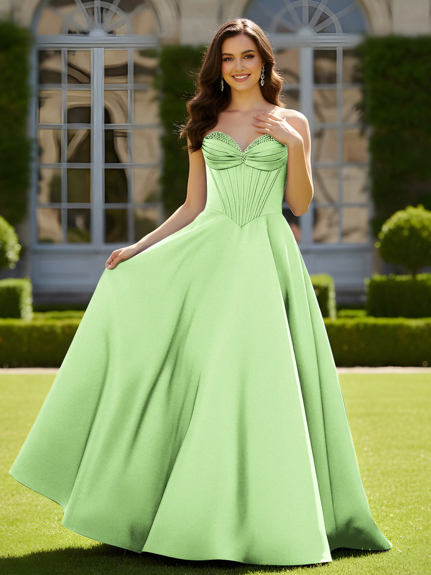 Sleeveless Sweep Train Satin Lace-Up Gown Sage