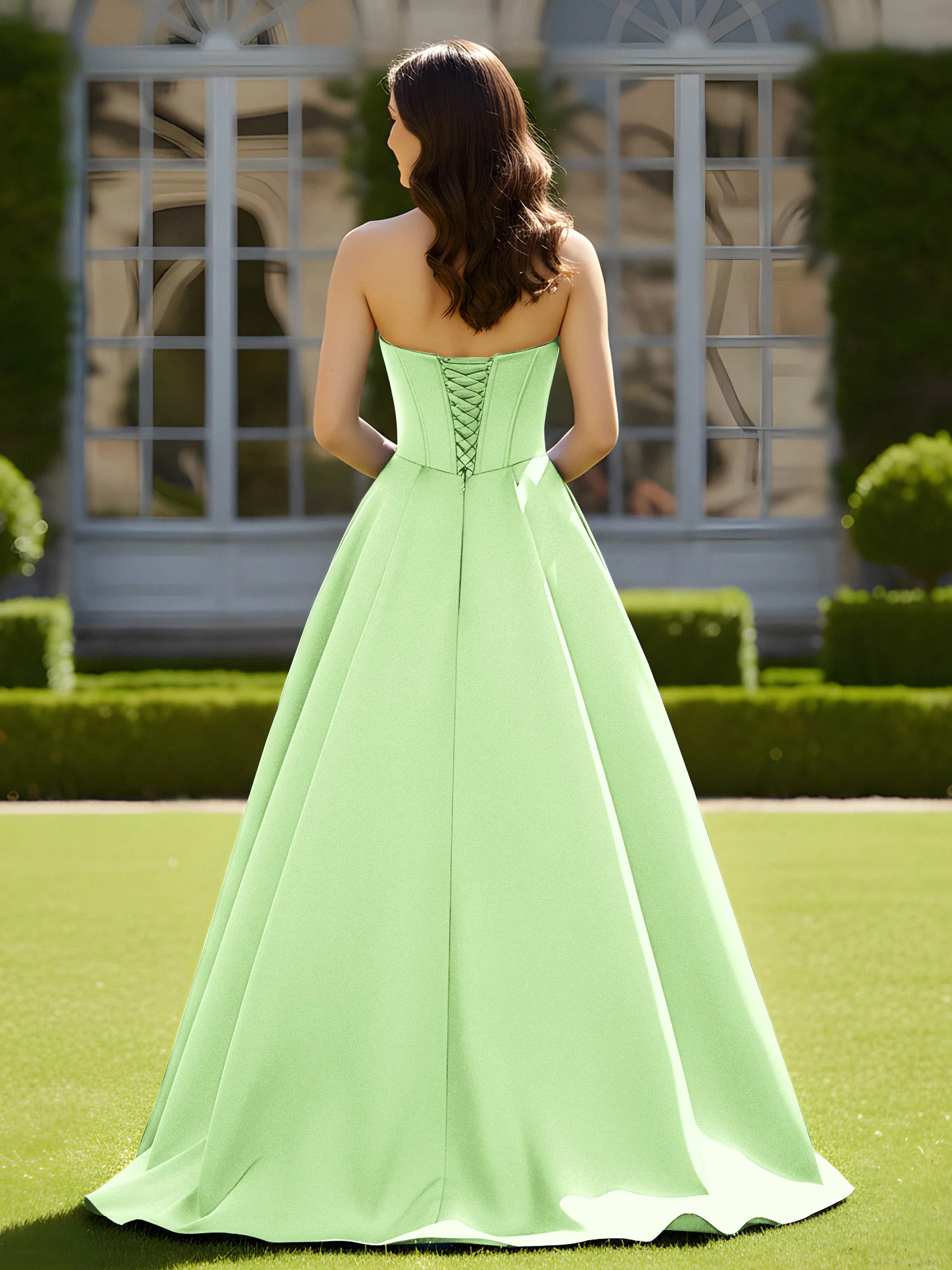Sleeveless Sweep Train Satin Lace-Up Gown Sage - Image 2