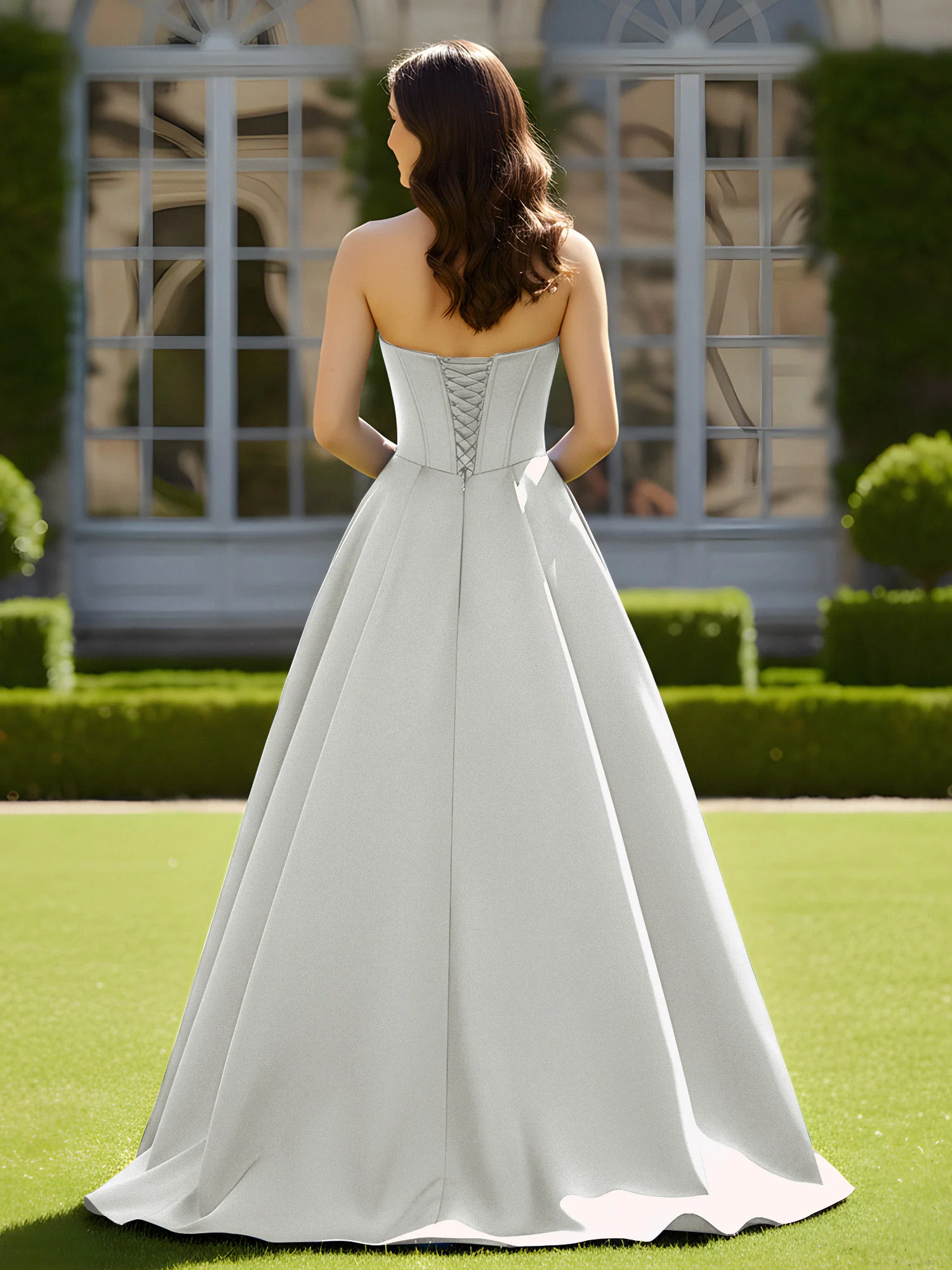 Sleeveless Sweep Train Satin Lace-Up Gown Silver - Image 2