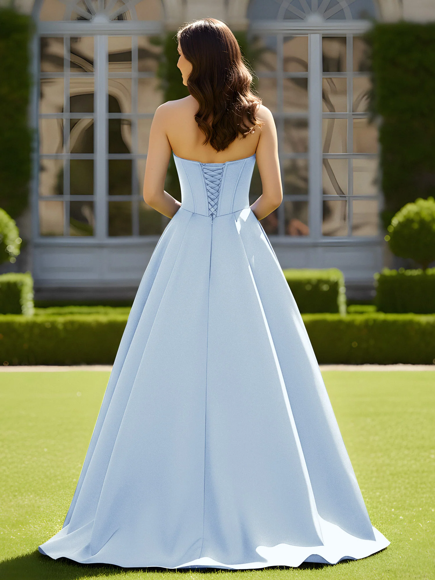 Sleeveless Sweep Train Satin Lace-Up Gown Sky Blue - Image 2