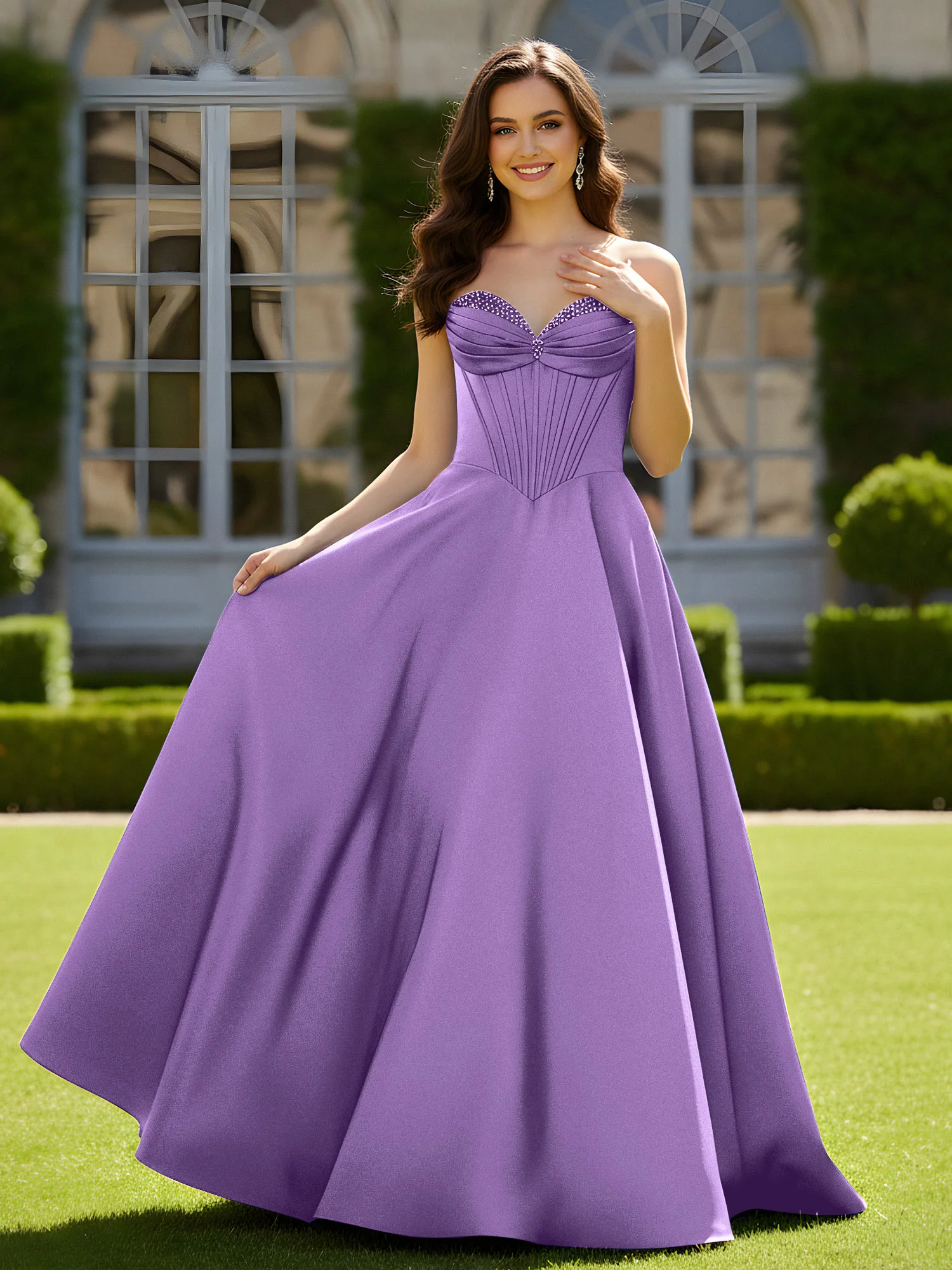 Sleeveless Sweep Train Satin Lace-Up Gown Tahiti