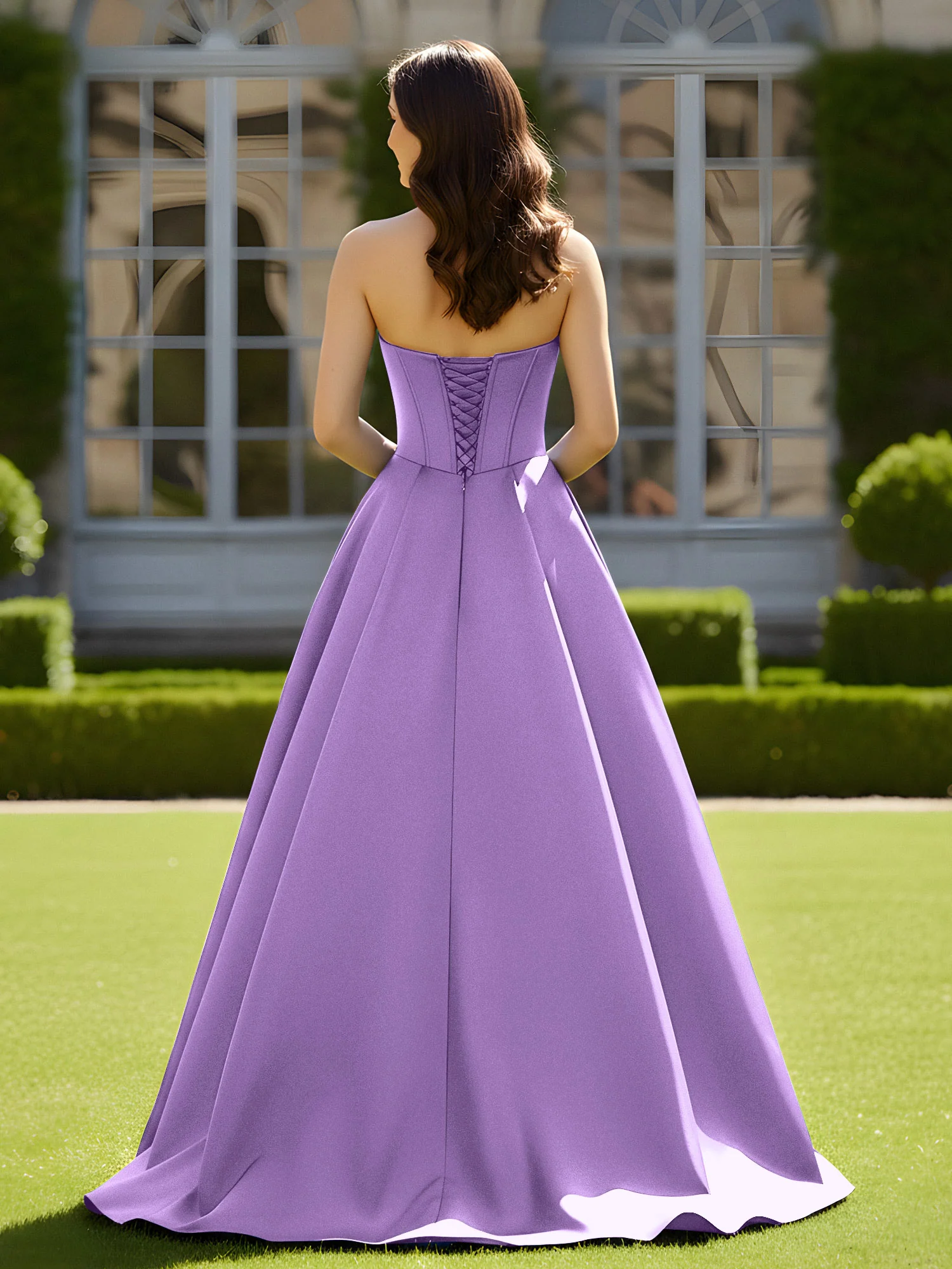 Sleeveless Sweep Train Satin Lace-Up Gown Tahiti - Image 2