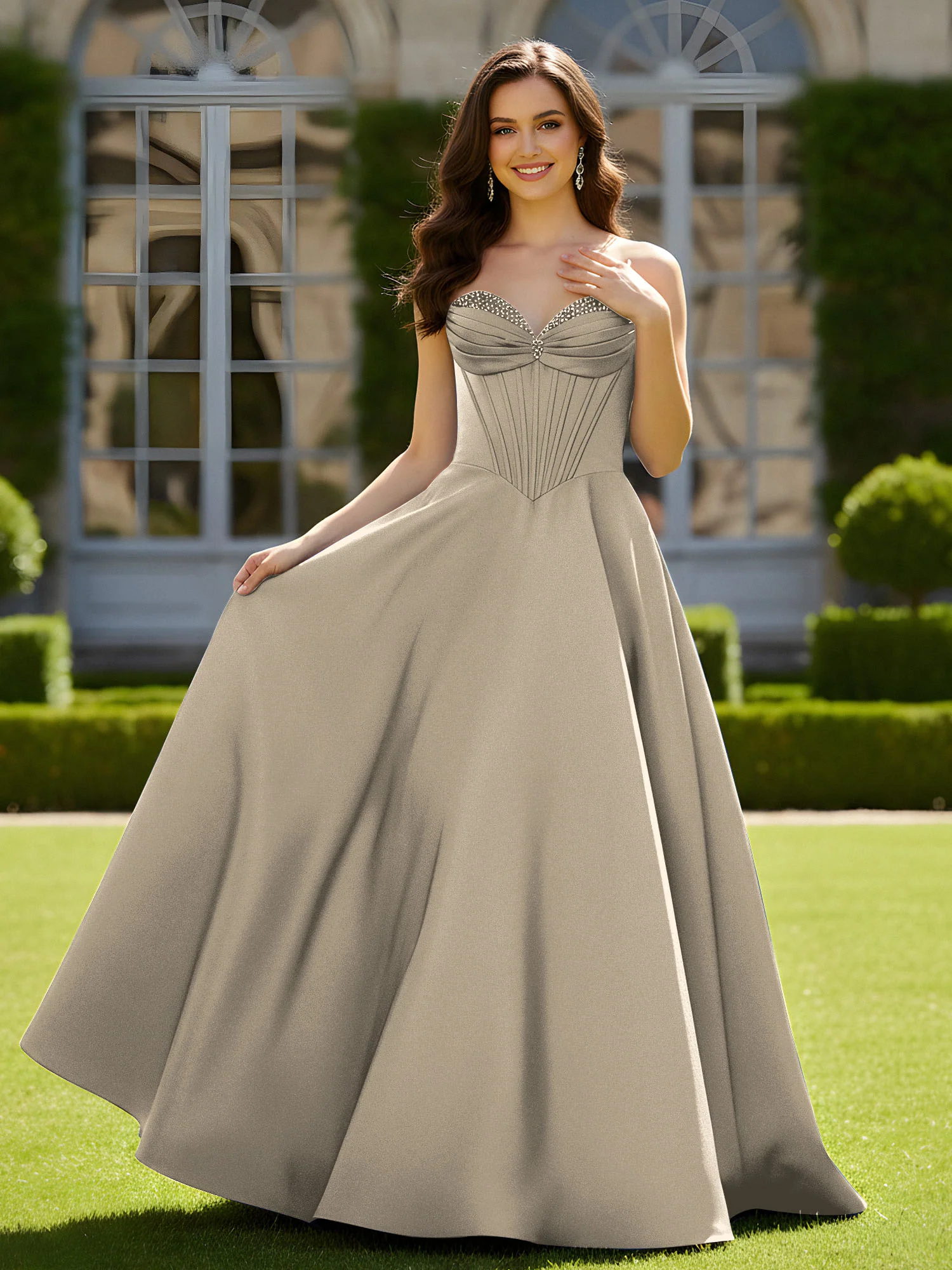 Sleeveless Sweep Train Satin Lace-Up Gown Taupe