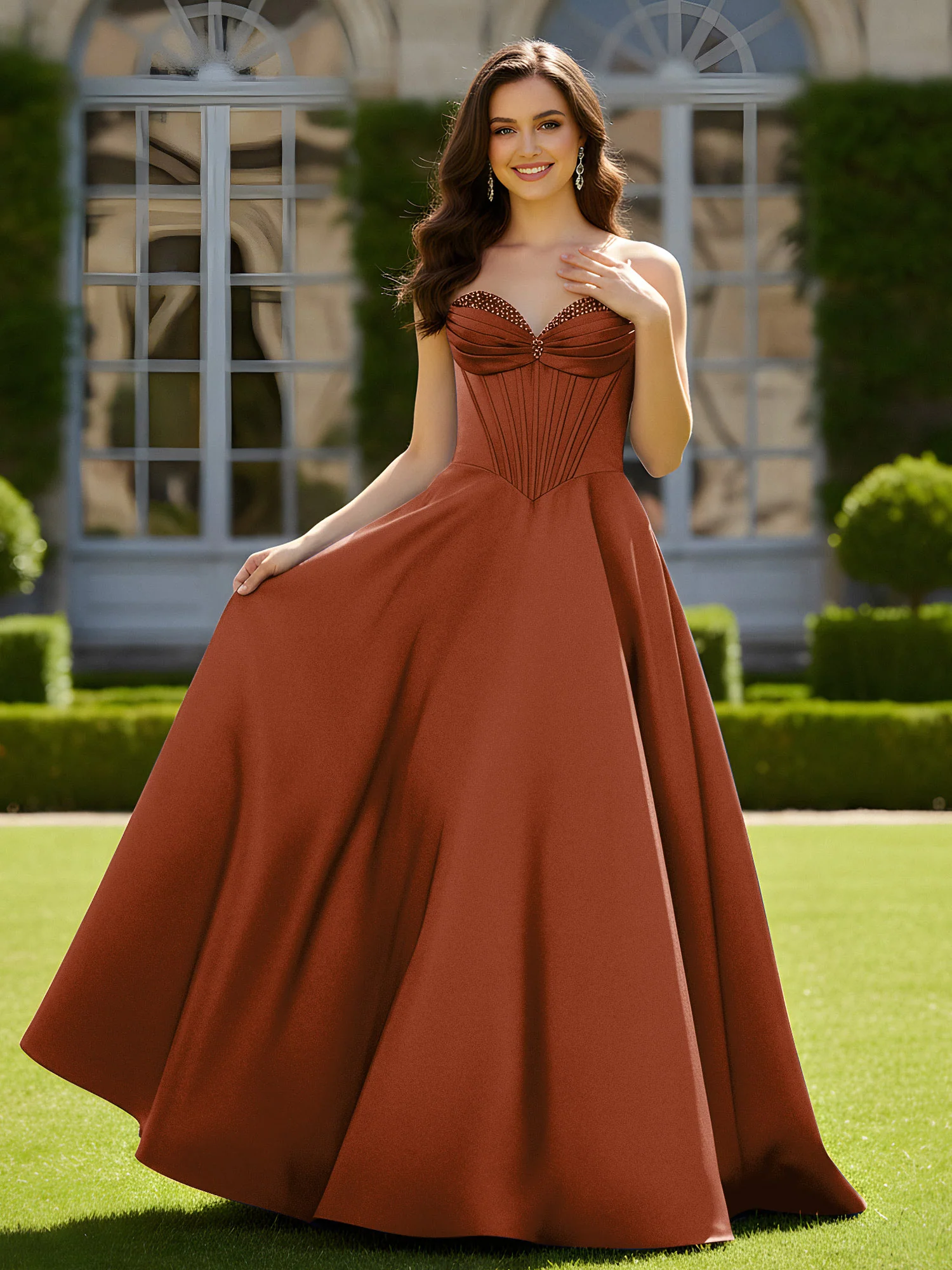 Sleeveless Sweep Train Satin Lace-Up Gown Terracotta