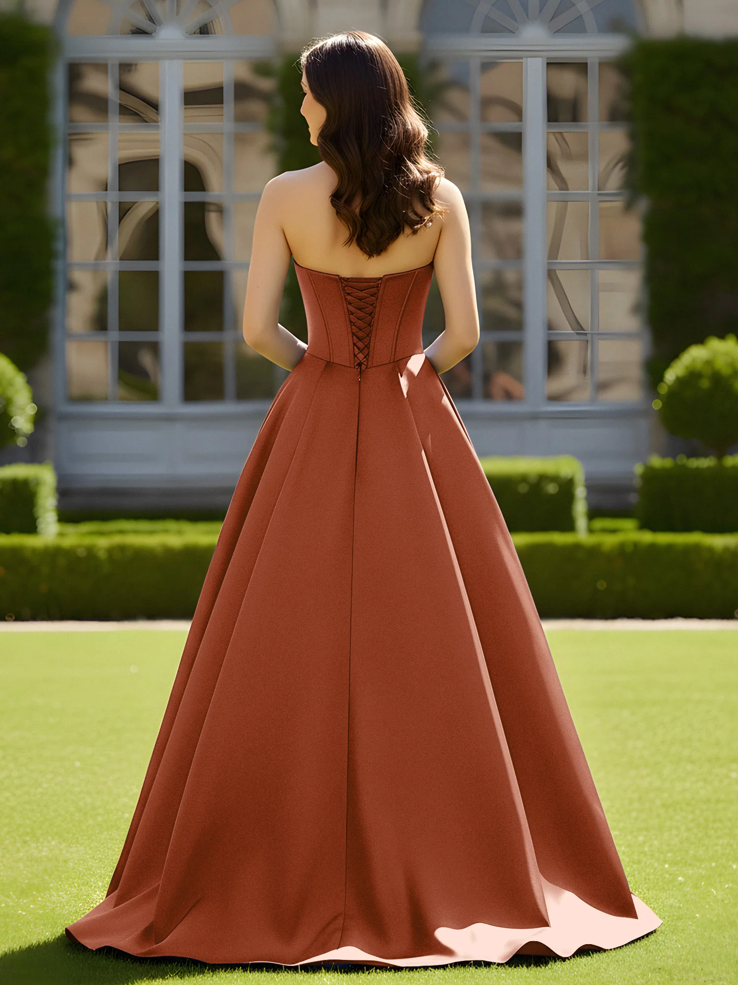 Sleeveless Sweep Train Satin Lace-Up Gown Terracotta - Image 2