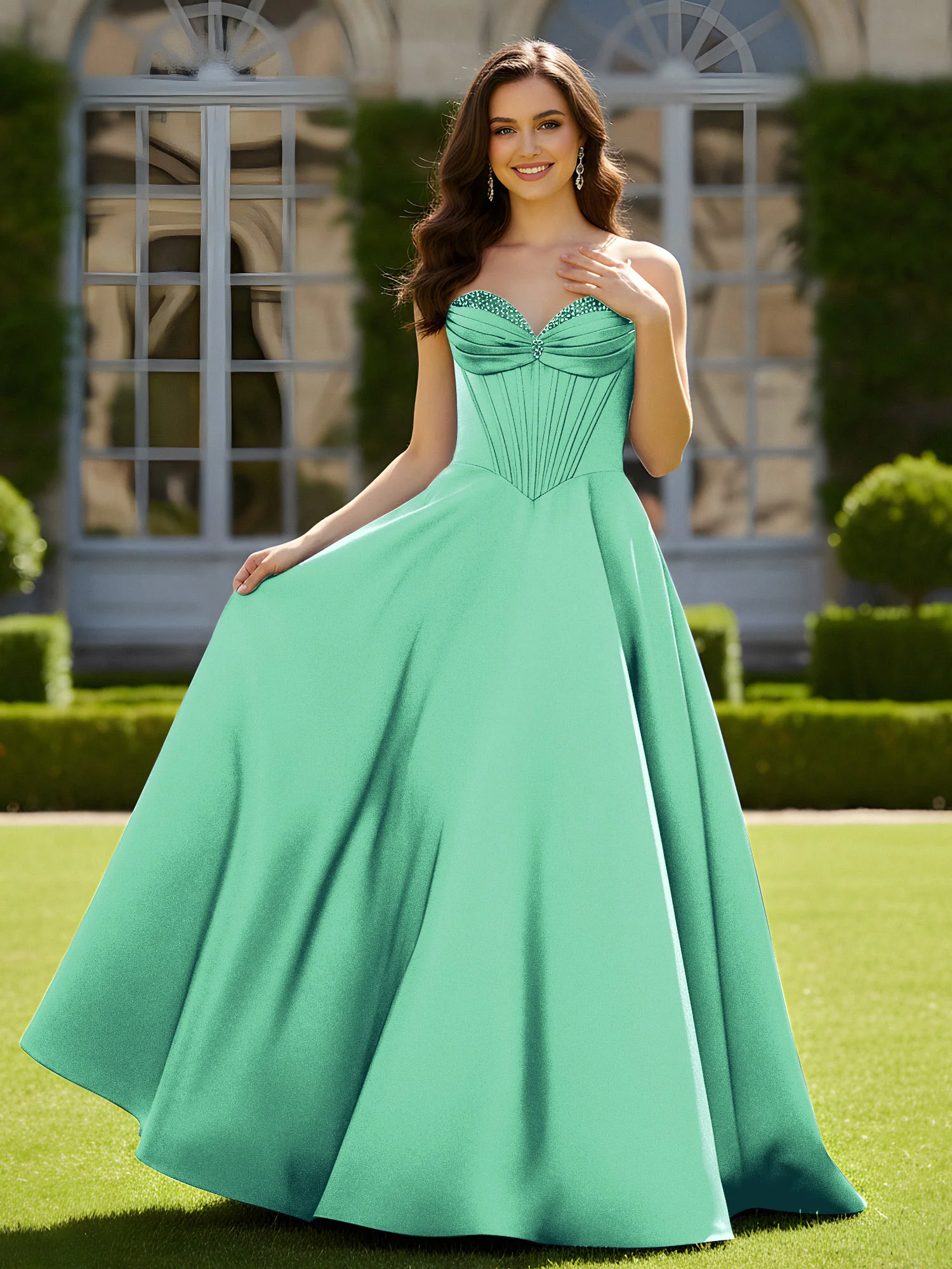 Sleeveless Sweep Train Satin Lace-Up Gown Turquoise