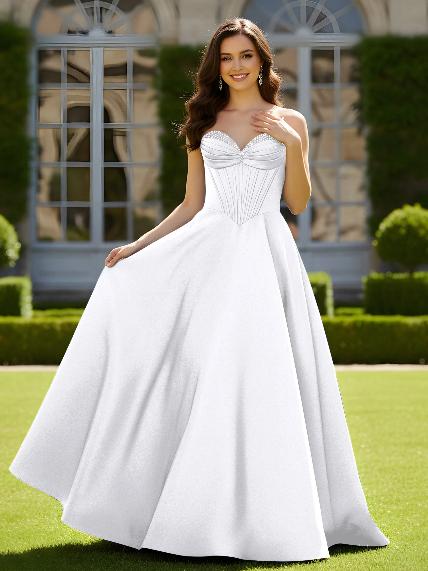 Sleeveless Sweep Train Satin Lace-Up Gown White