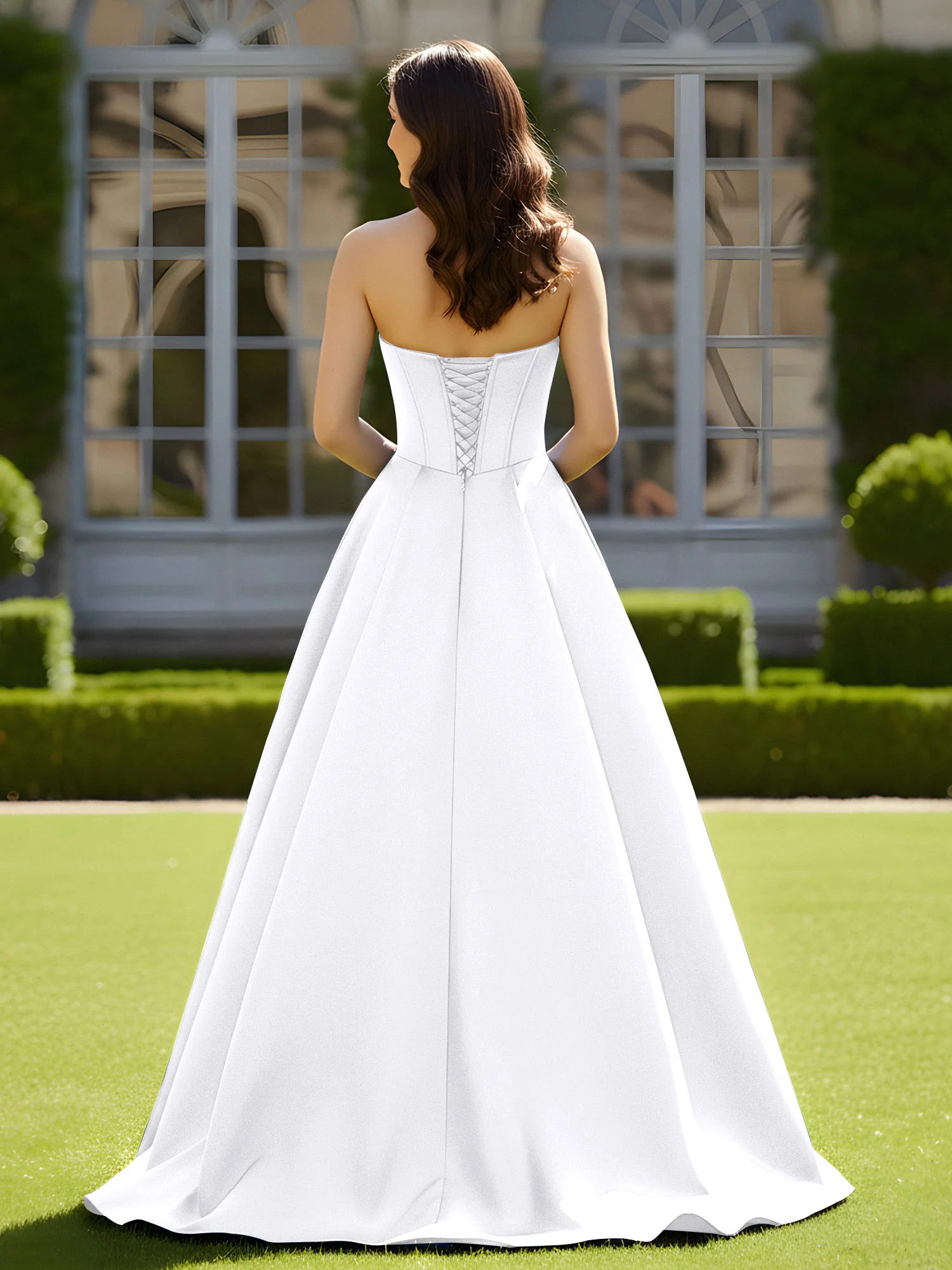 Sleeveless Sweep Train Satin Lace-Up Gown White - Image 2