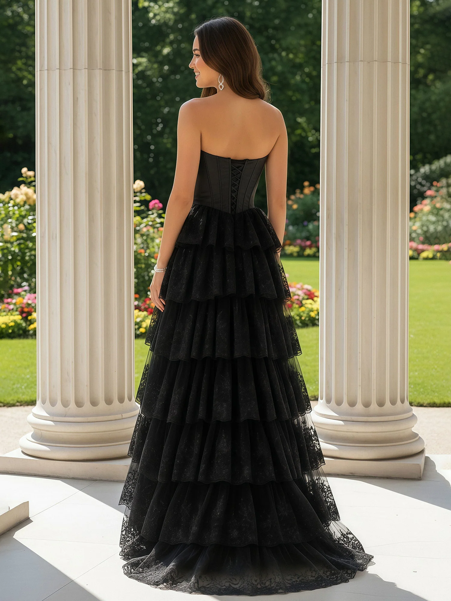 A-Line Strapless Lace Tulle Gown With Ruffle Black - Image 2