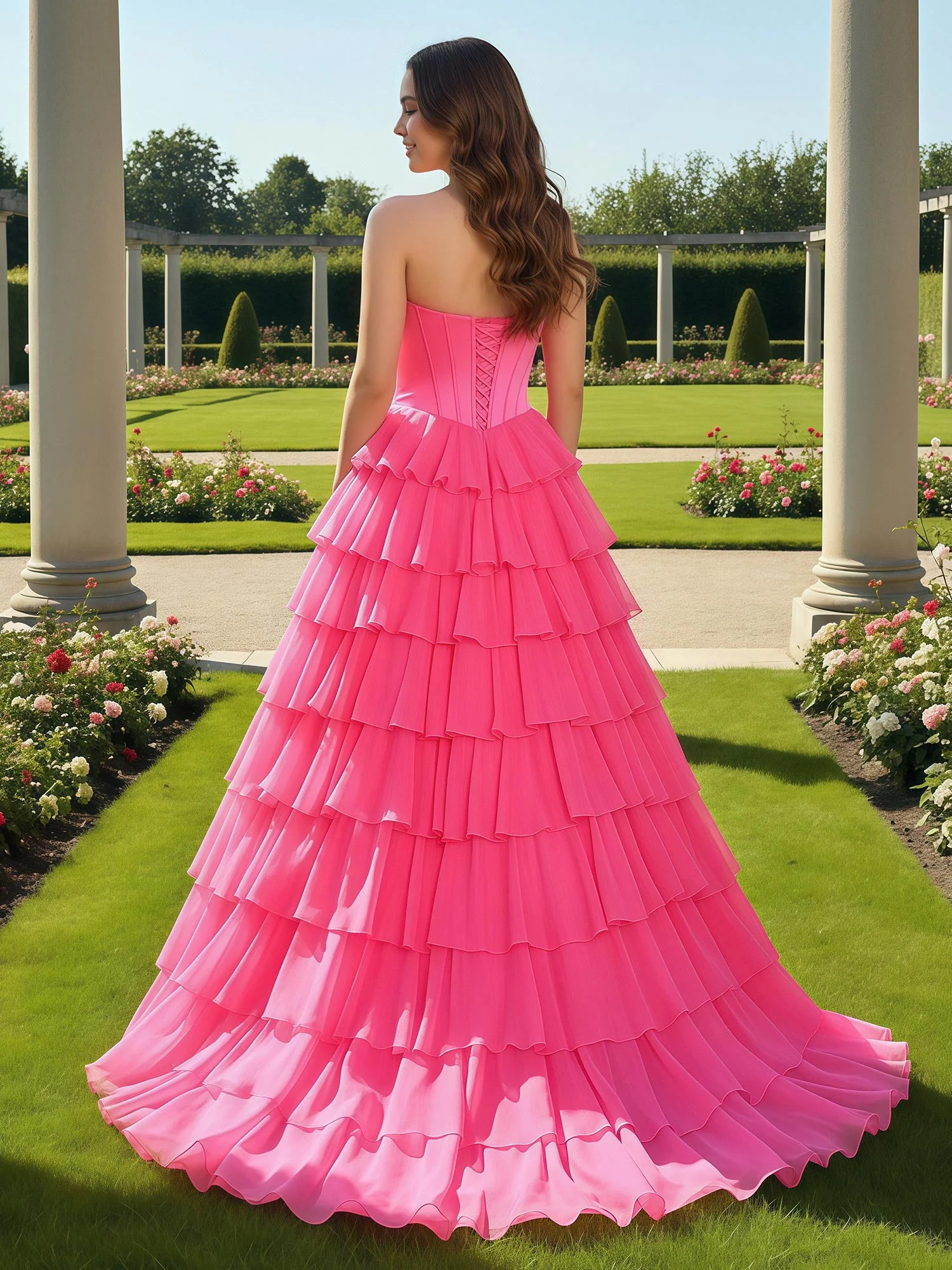 Sleeveless Sweetheart Chiffon Gown With Ruffle Fuchsia - Image 2