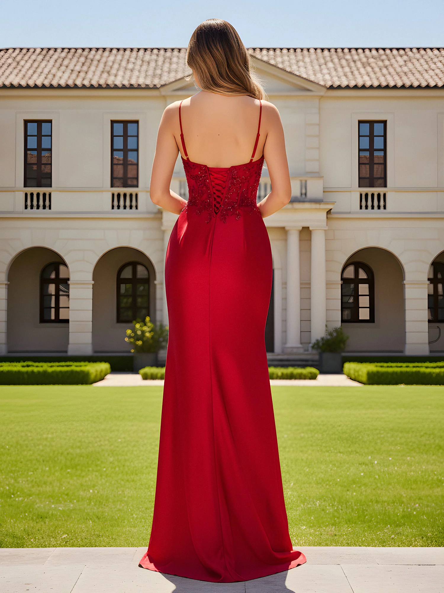 Spaghetti Straps Sheath Appliqued Slit Dress Red - Image 2