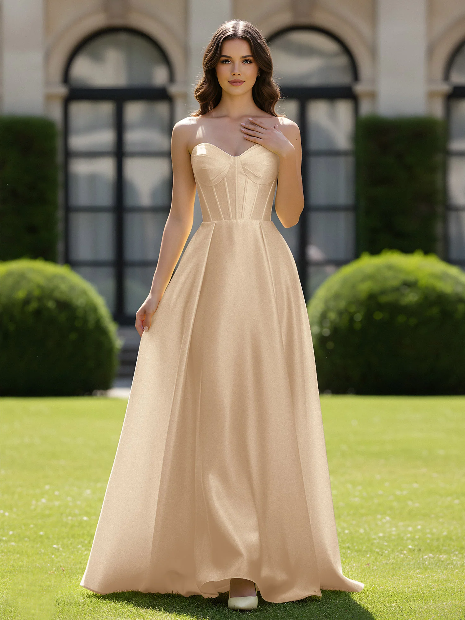 A-Line Sweetheart Satin Zipper Floor Length Gown Champagne