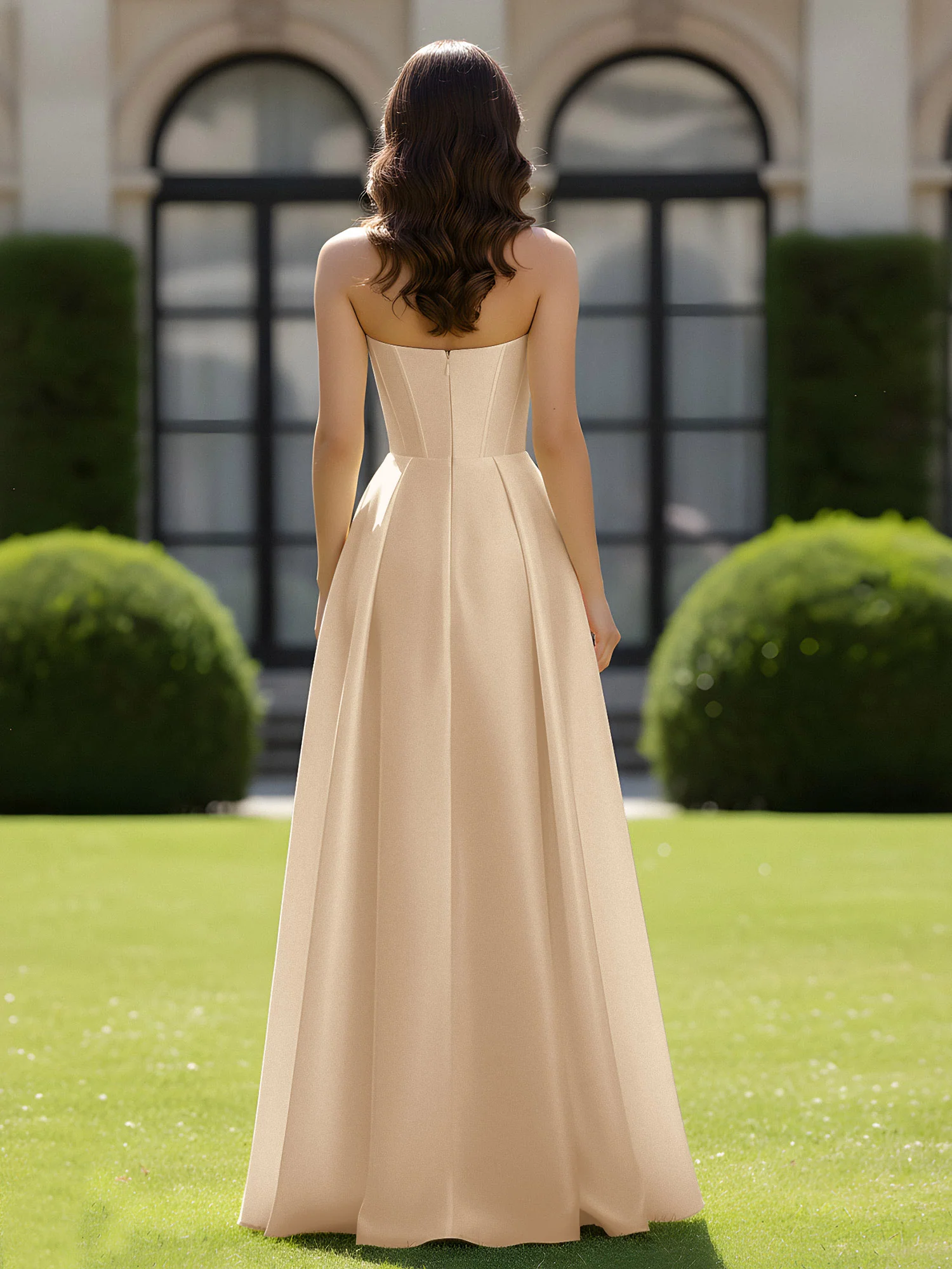 A-Line Sweetheart Satin Zipper Floor Length Gown Champagne - Image 2
