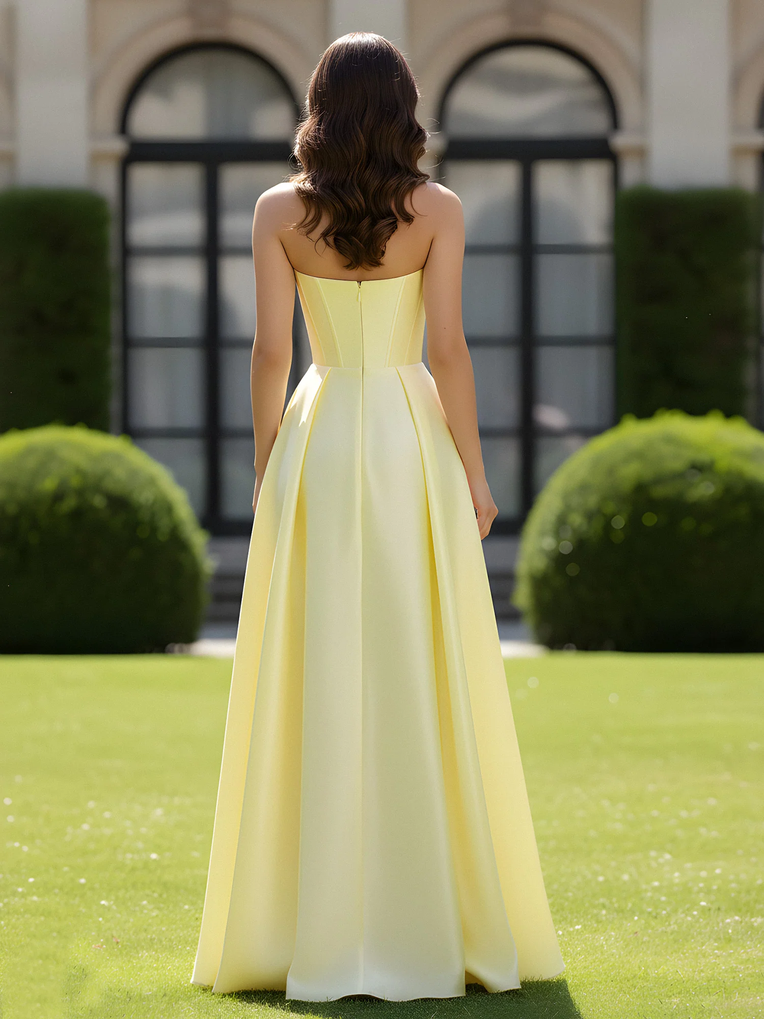 A-Line Sweetheart Satin Zipper Floor Length Gown Daffodil - Image 2