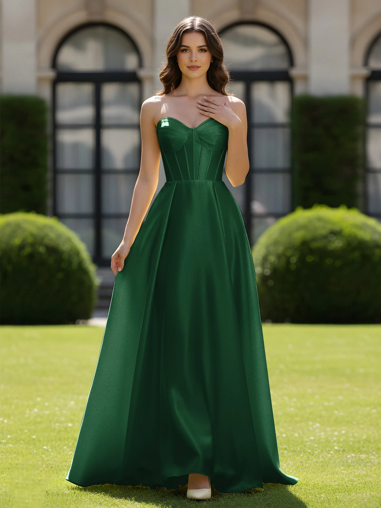 A-Line Sweetheart Satin Zipper Floor Length Gown Dark Green