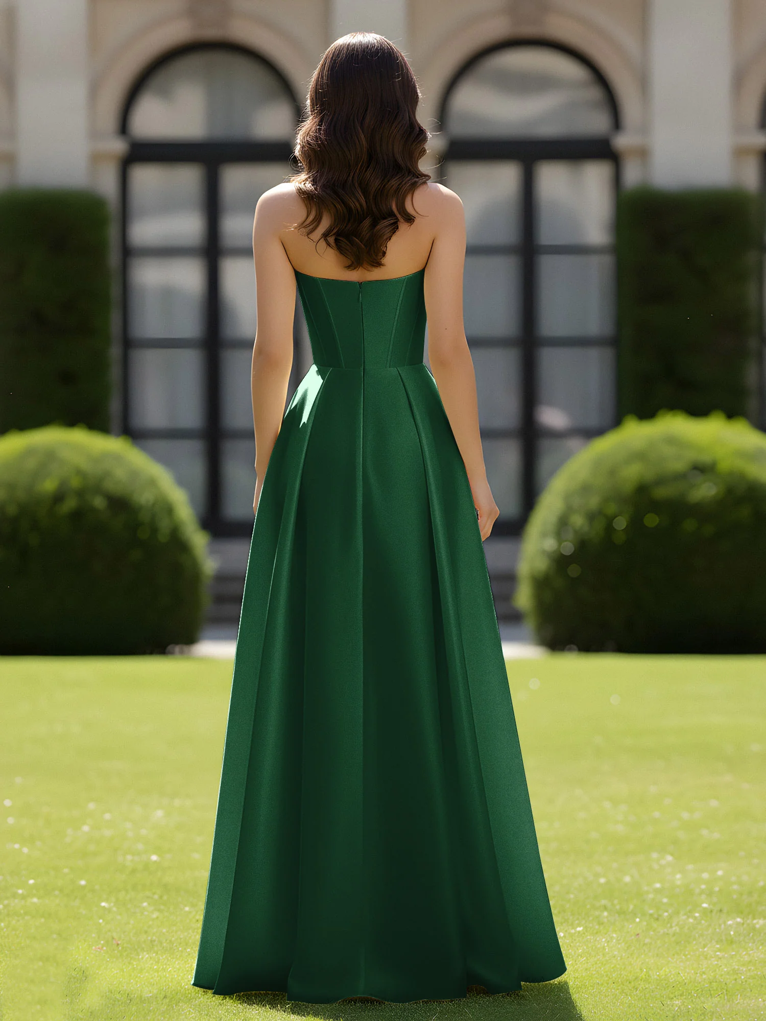 A-Line Sweetheart Satin Zipper Floor Length Gown Dark Green - Image 2