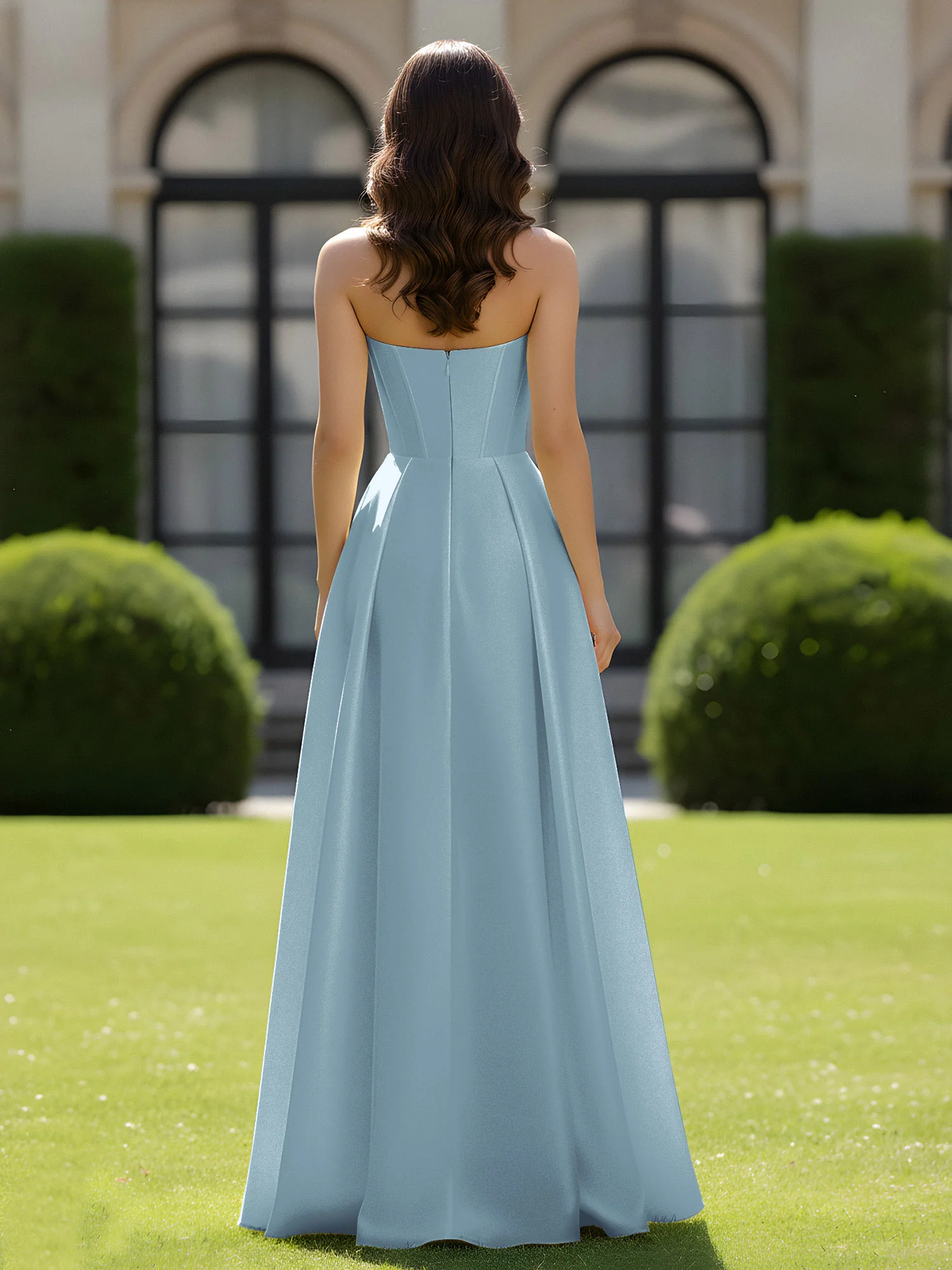 A-Line Sweetheart Satin Zipper Floor Length Gown Dusty Blue - Image 2