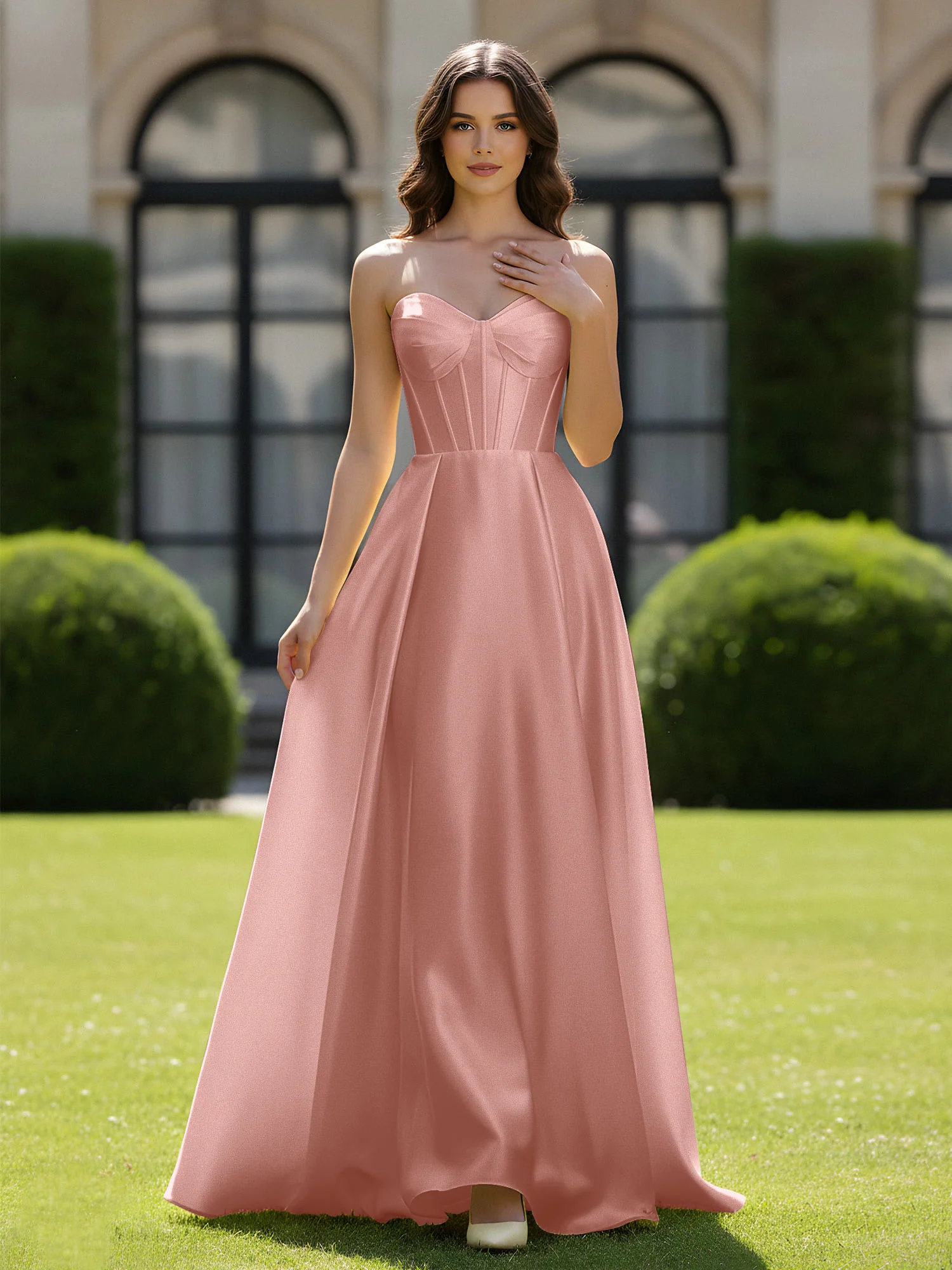 A-Line Sweetheart Satin Zipper Floor Length Gown Dusty Rose