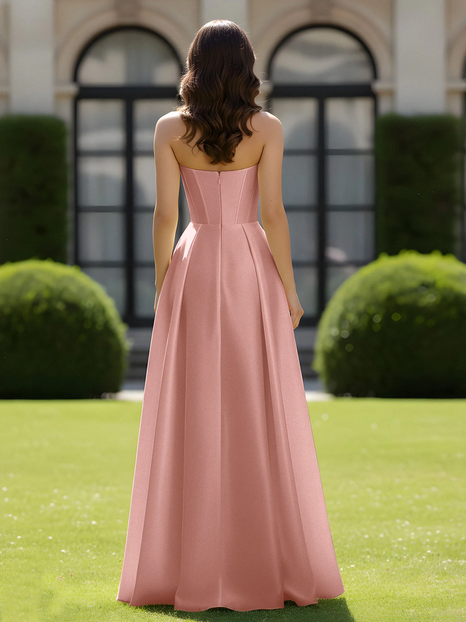 A-Line Sweetheart Satin Zipper Floor Length Gown Dusty Rose - Image 2