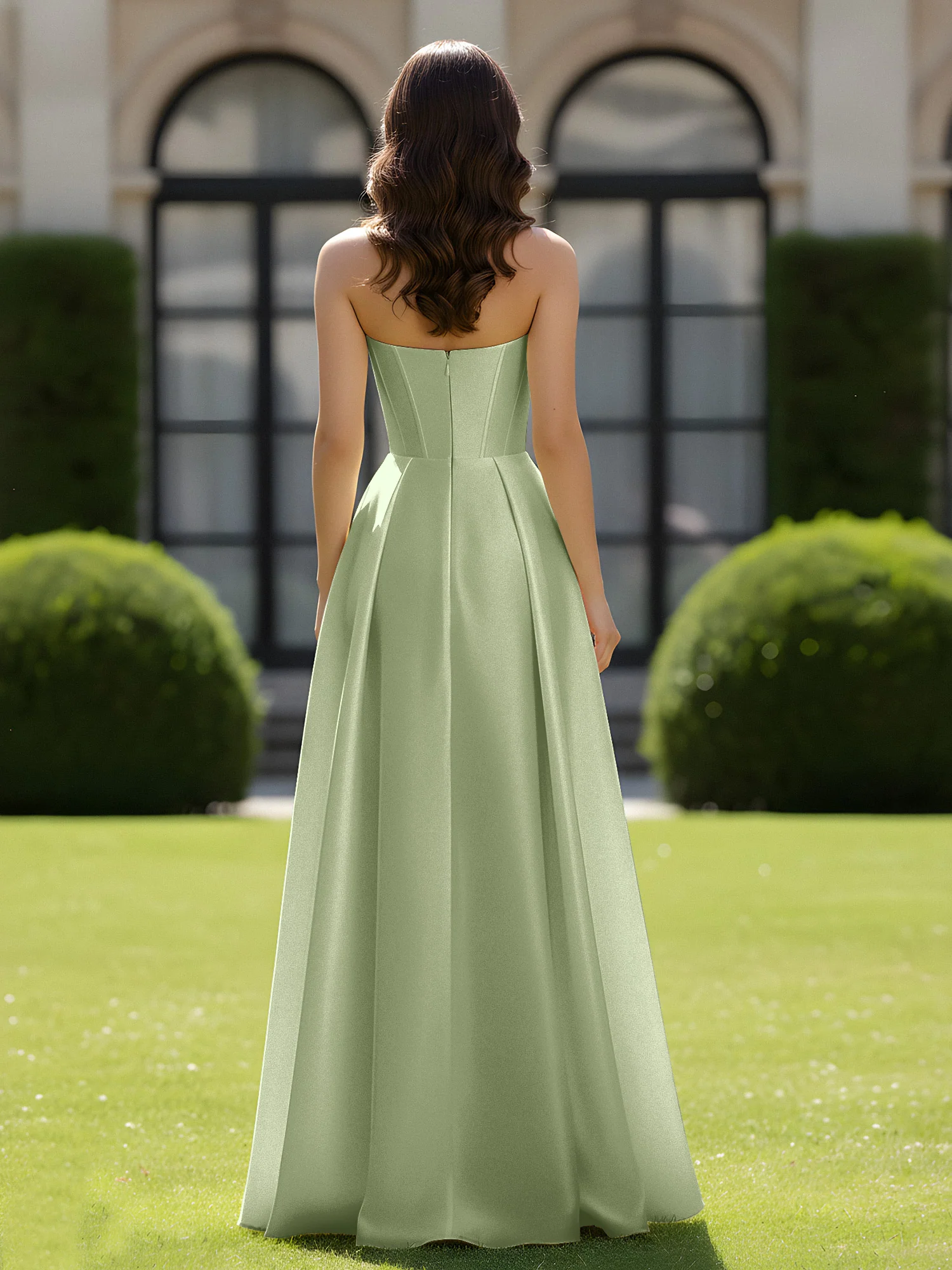 A-Line Sweetheart Satin Zipper Floor Length Gown Dusty Sage - Image 2