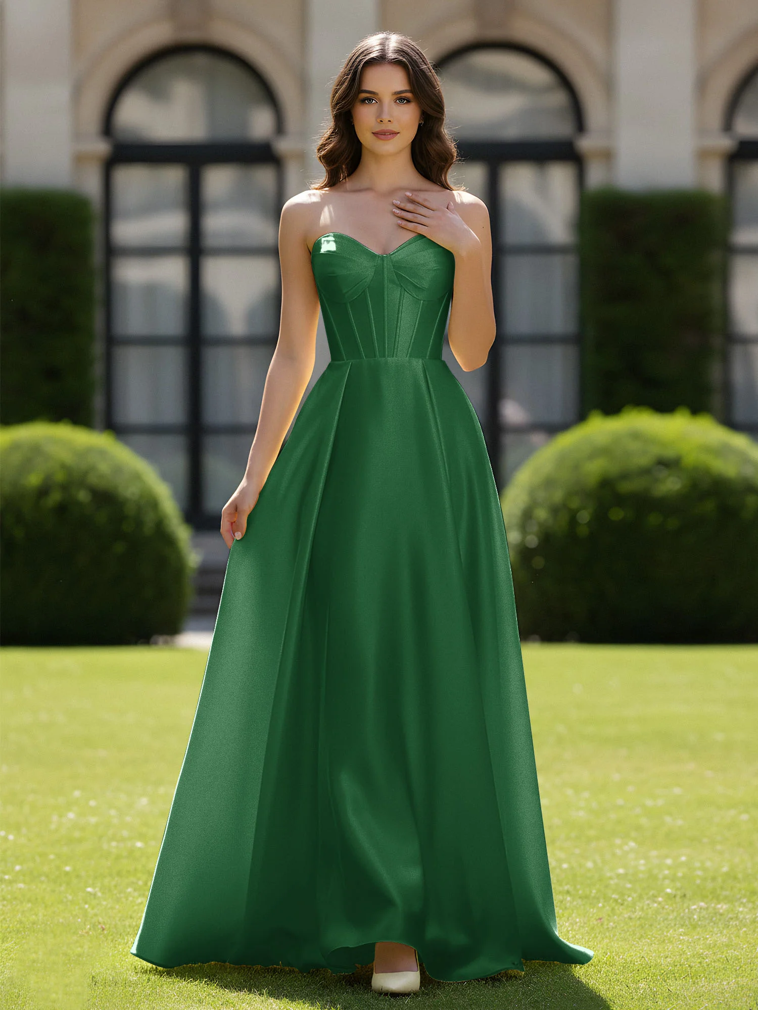 A-Line Sweetheart Satin Zipper Floor Length Gown Emerald