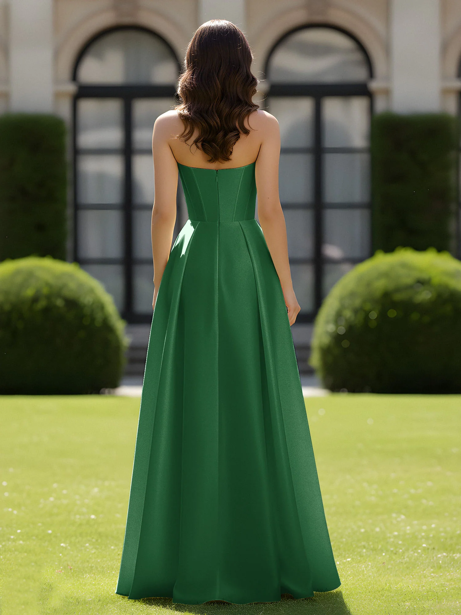 A-Line Sweetheart Satin Zipper Floor Length Gown Emerald - Image 2