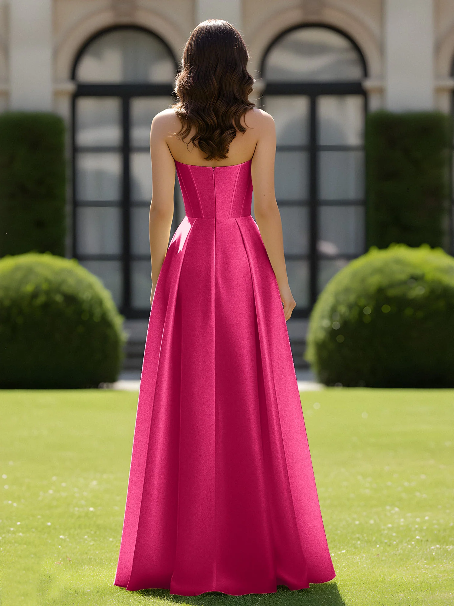 A-Line Sweetheart Satin Zipper Floor Length Gown Fuchsia - Image 2