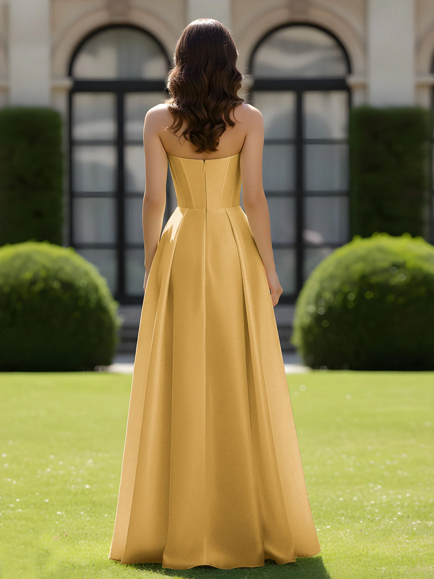 A-Line Sweetheart Satin Zipper Floor Length Gown Gold - Image 2