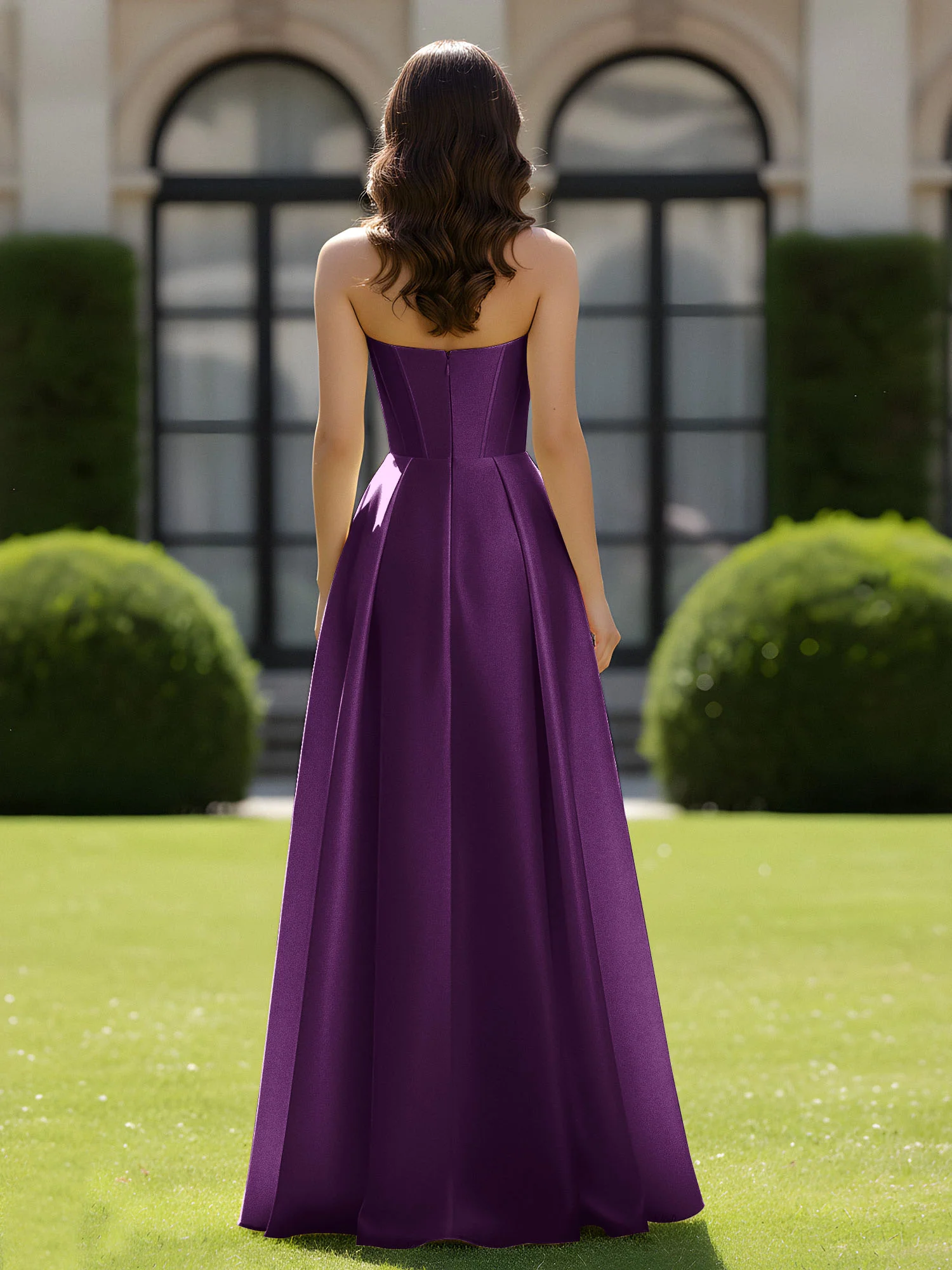 A-Line Sweetheart Satin Zipper Floor Length Gown Grape - Image 2