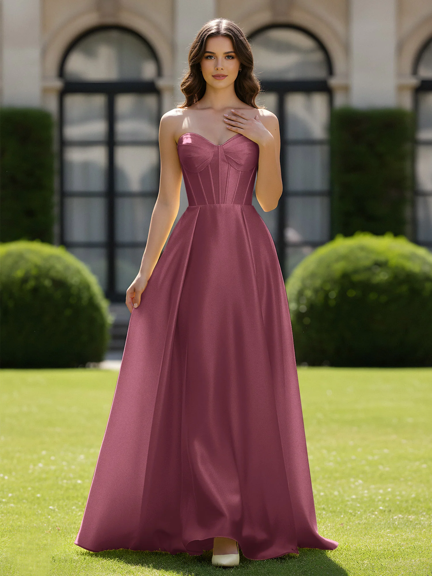 A-Line Sweetheart Satin Zipper Floor Length Gown Mulberry