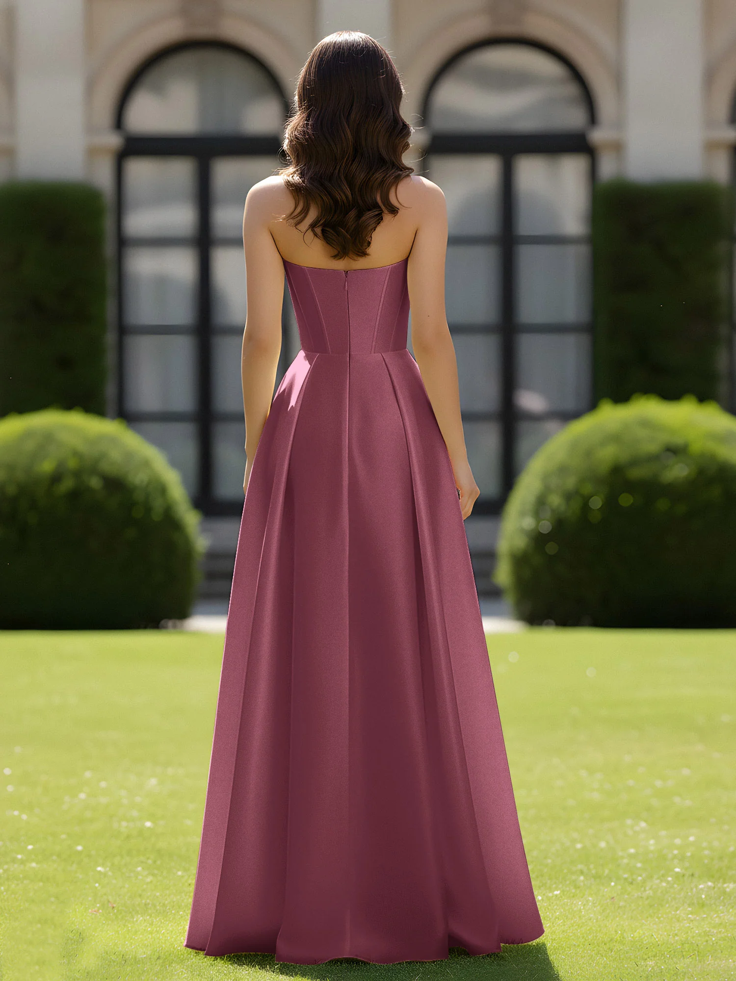 A-Line Sweetheart Satin Zipper Floor Length Gown Mulberry - Image 2