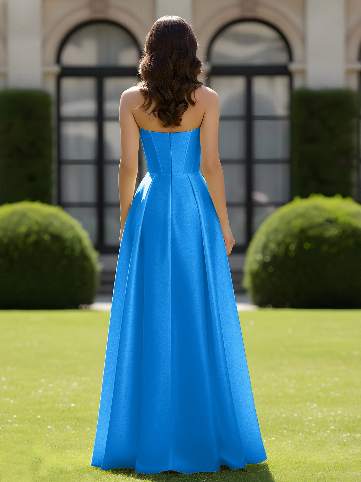 A-Line Sweetheart Satin Zipper Floor Length Gown Ocean Blue - Image 2