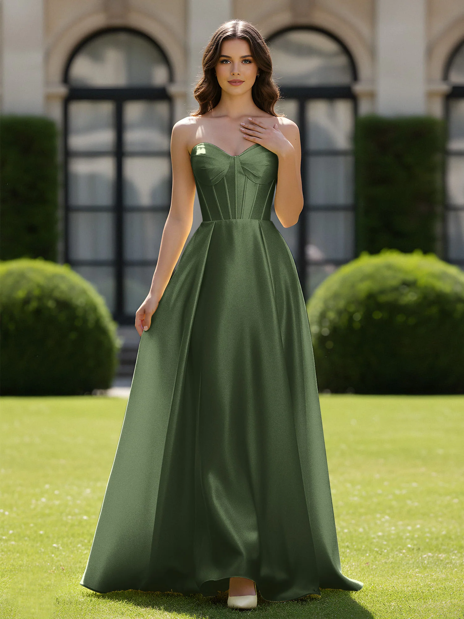 A-Line Sweetheart Satin Zipper Floor Length Gown Olive Green