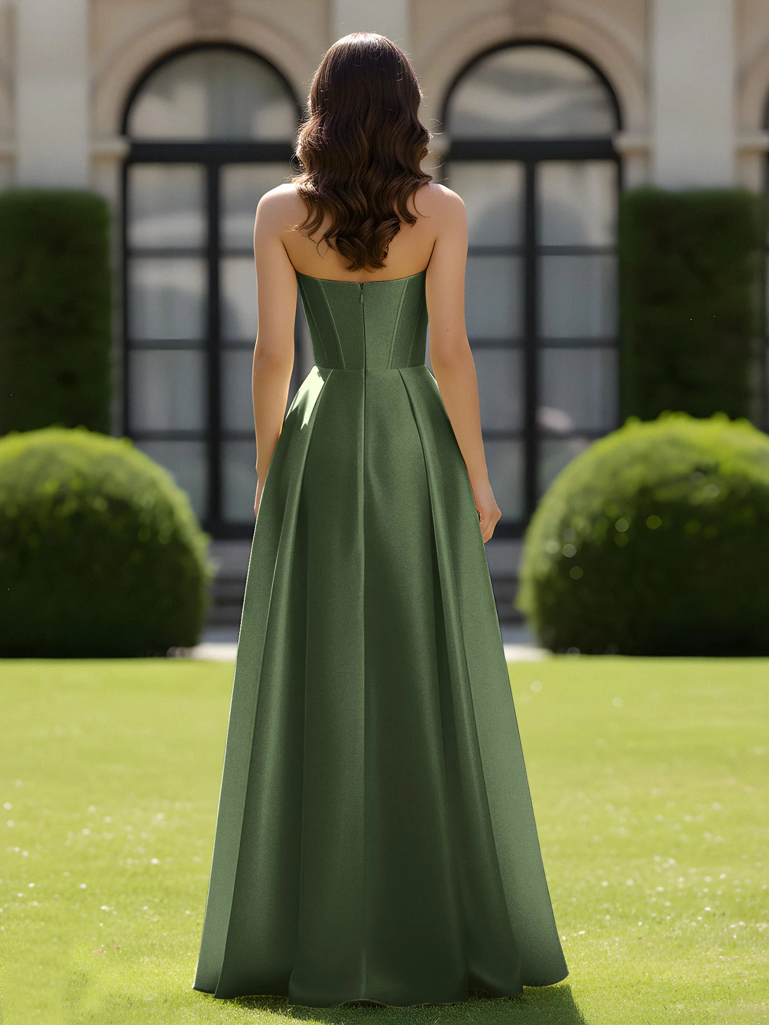 A-Line Sweetheart Satin Zipper Floor Length Gown Olive Green - Image 2