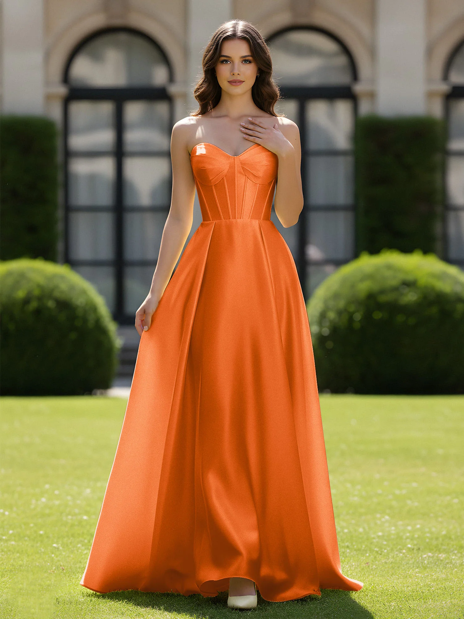 A-Line Sweetheart Satin Zipper Floor Length Gown Orange