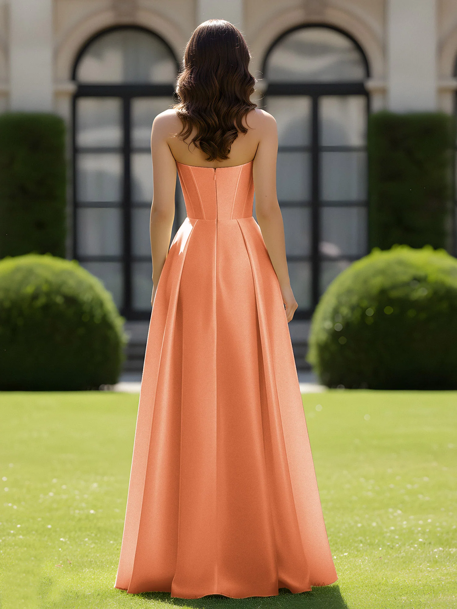 A-Line Sweetheart Satin Zipper Floor Length Gown Papaya - Image 2