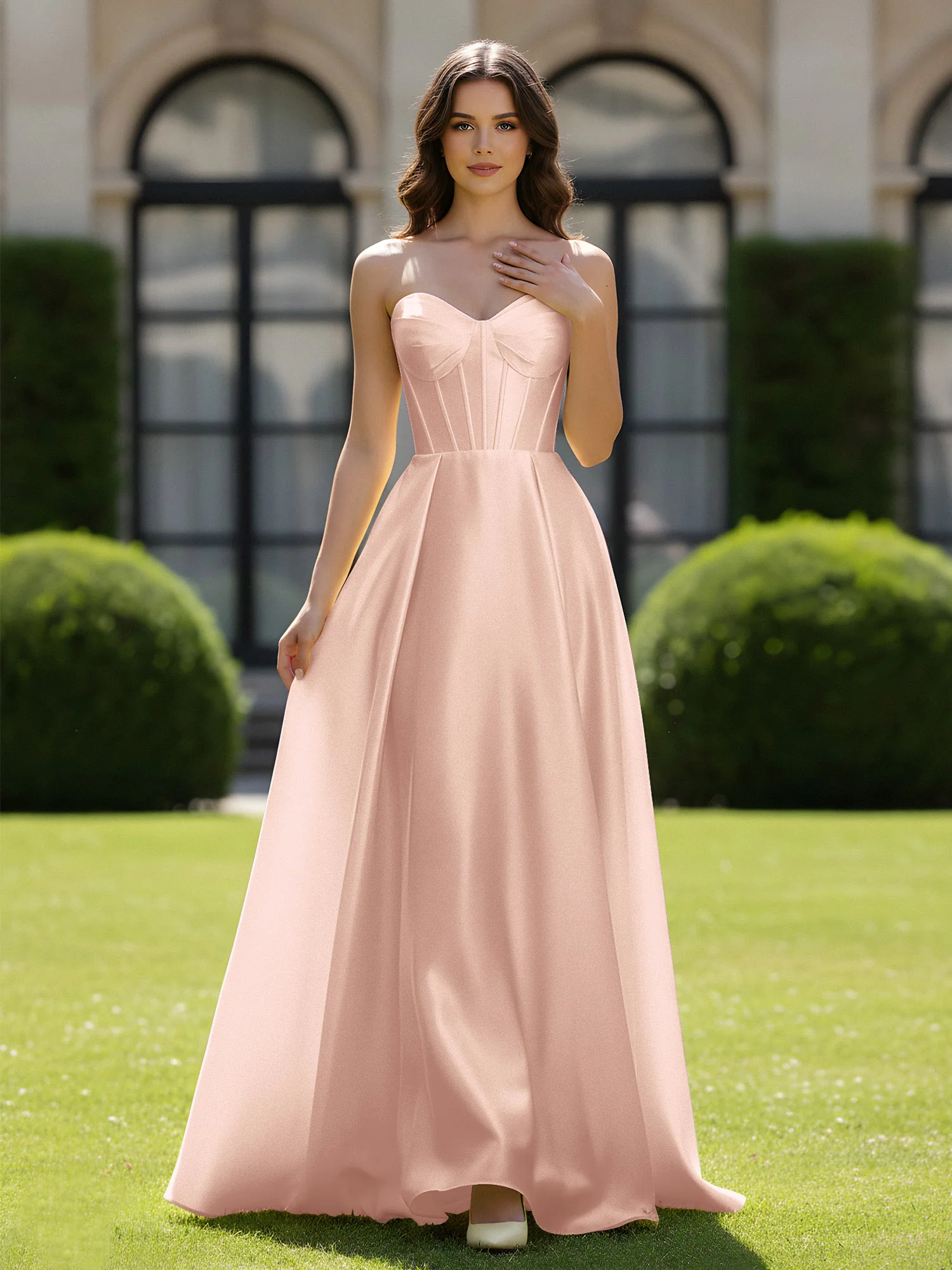 A-Line Sweetheart Satin Zipper Floor Length Gown Pearl Pink