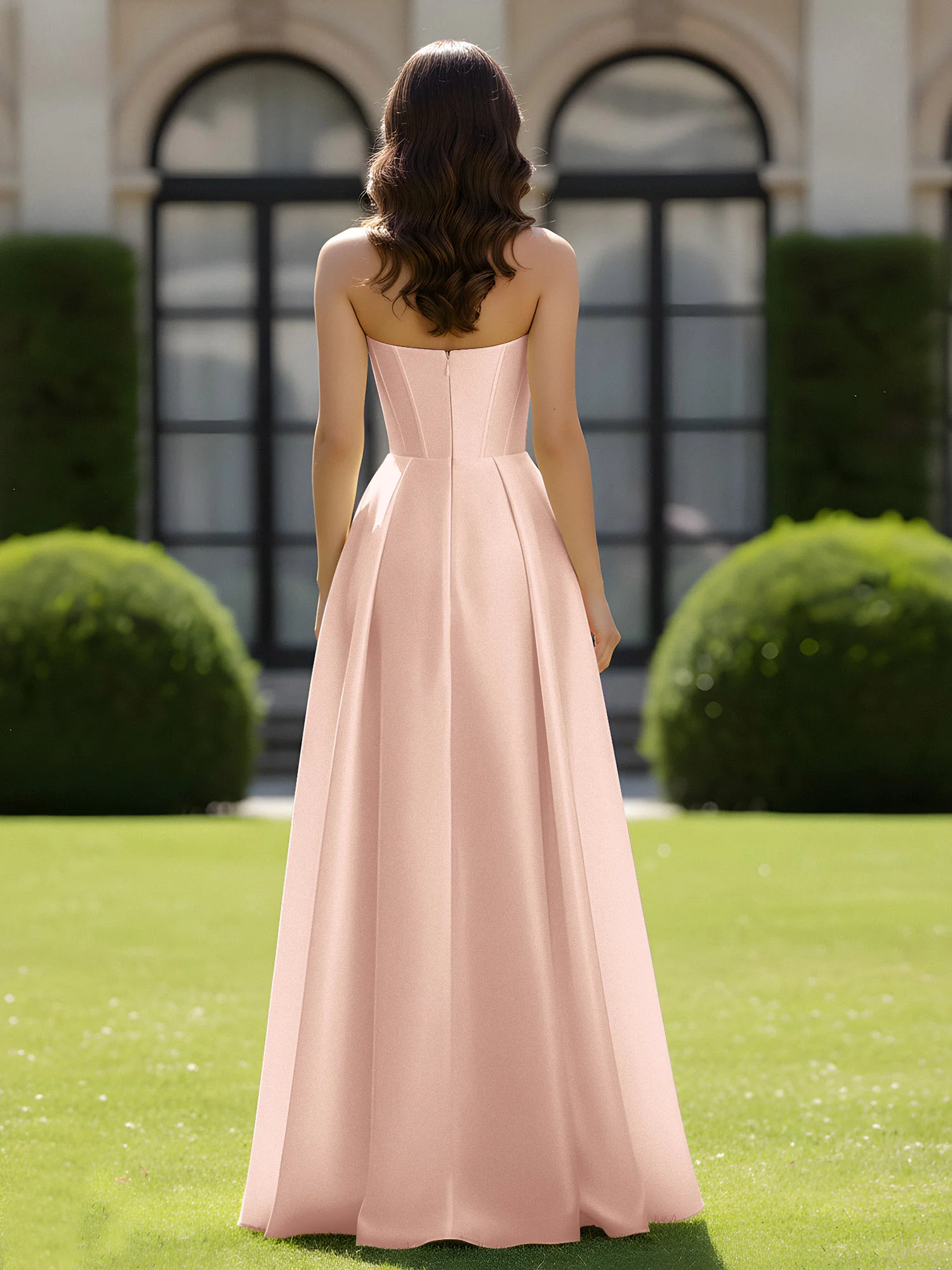 A-Line Sweetheart Satin Zipper Floor Length Gown Pearl Pink - Image 2