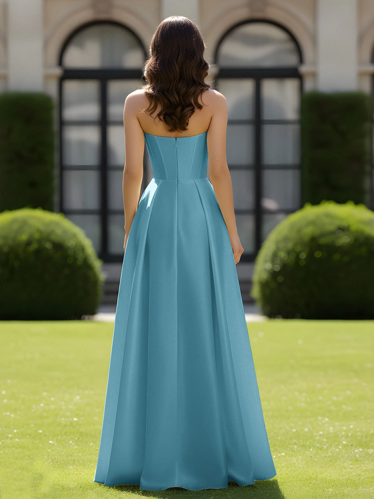 A-Line Sweetheart Satin Zipper Floor Length Gown Pool - Image 2