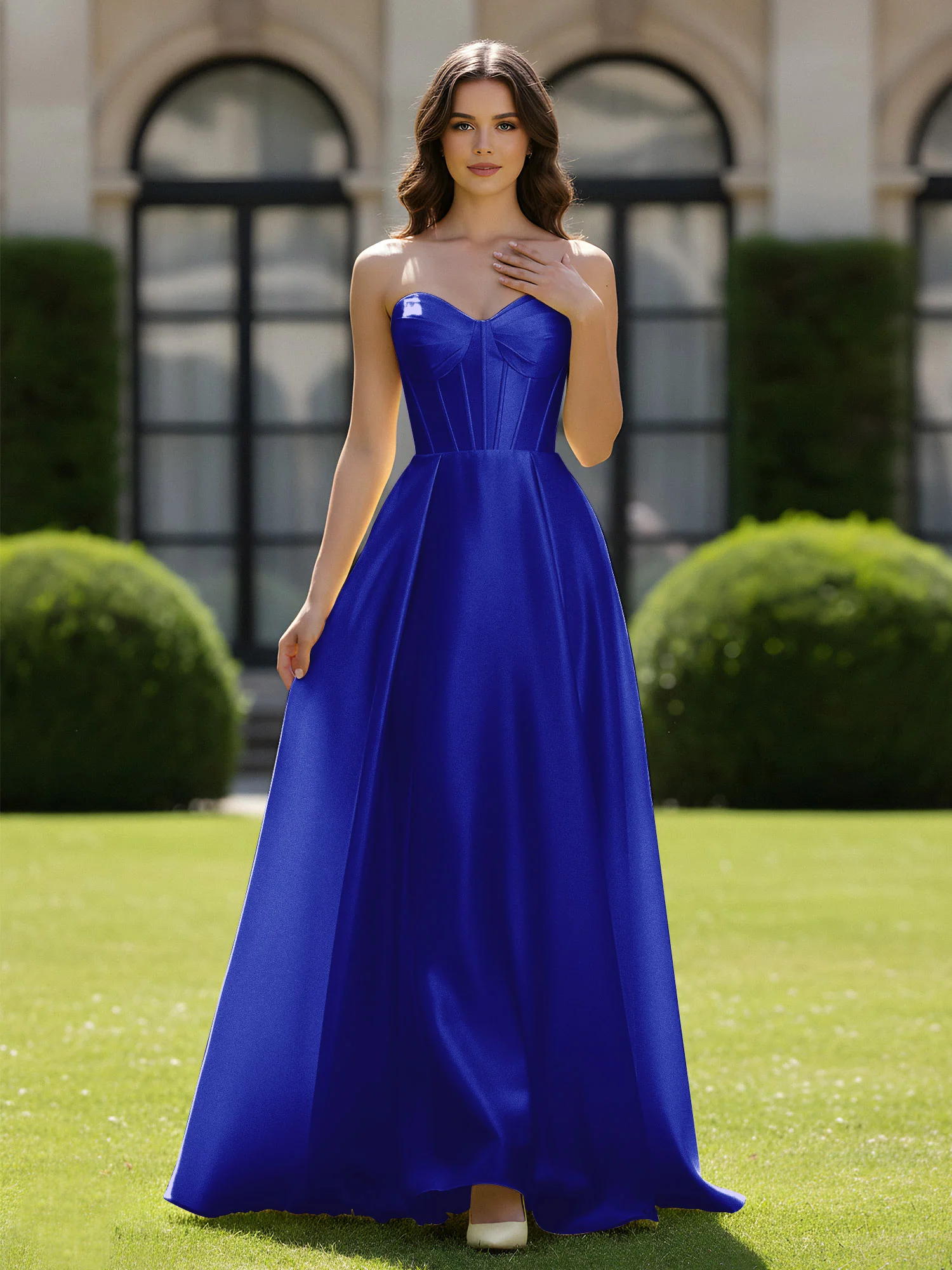 A-Line Sweetheart Satin Zipper Floor Length Gown Royal Blue