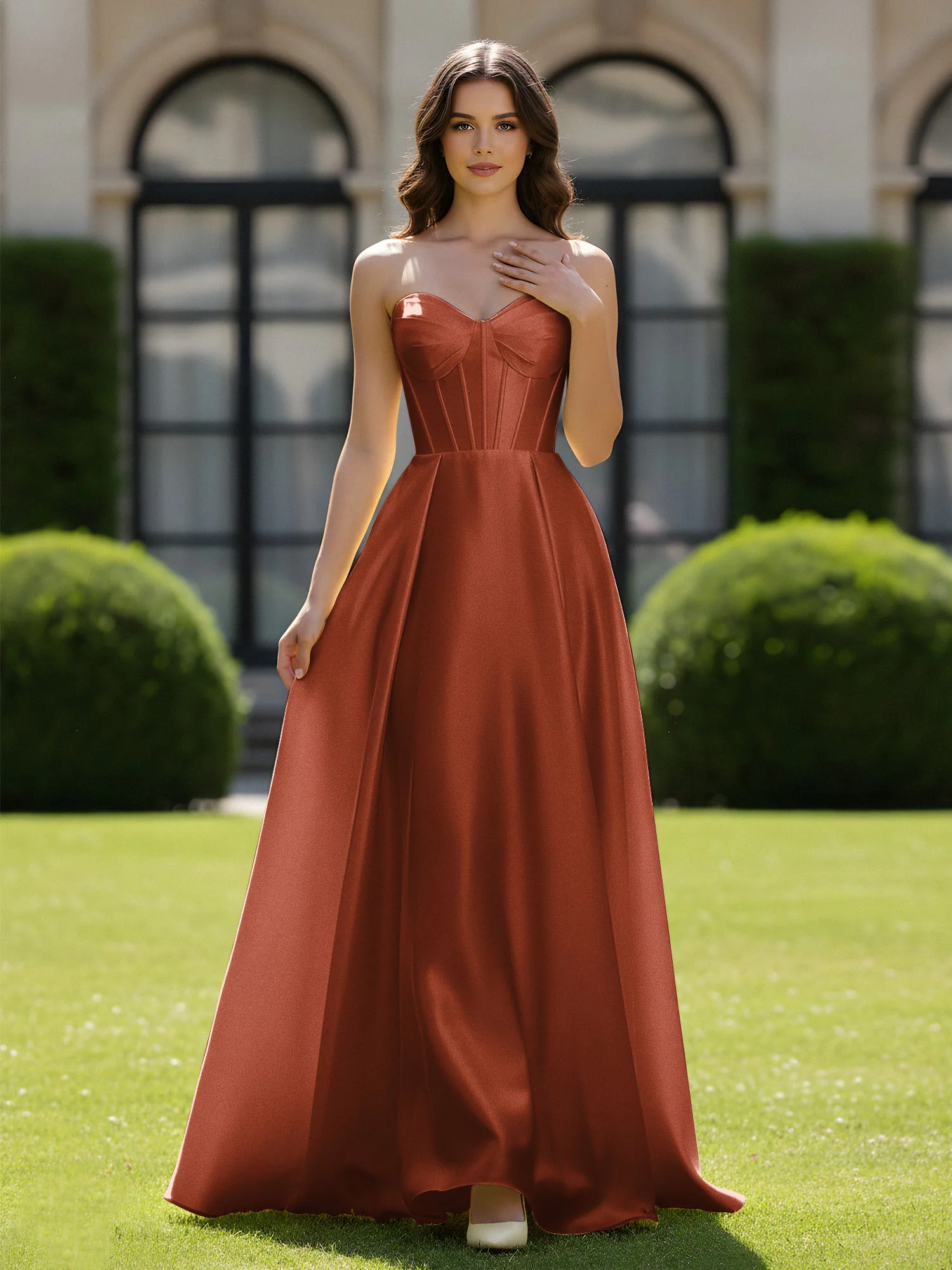 A-Line Sweetheart Satin Zipper Floor Length Gown Rust
