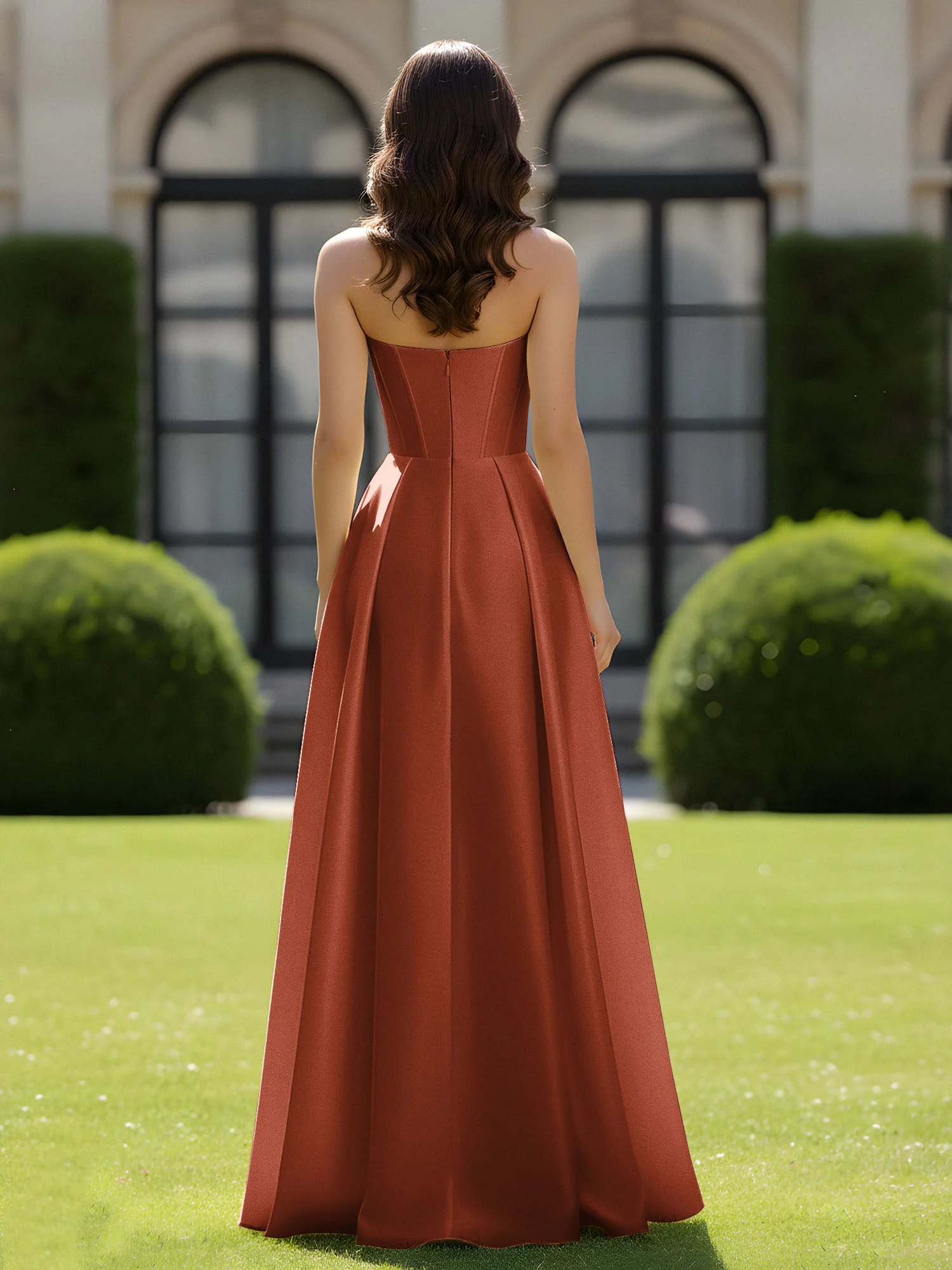 A-Line Sweetheart Satin Zipper Floor Length Gown Rust - Image 2