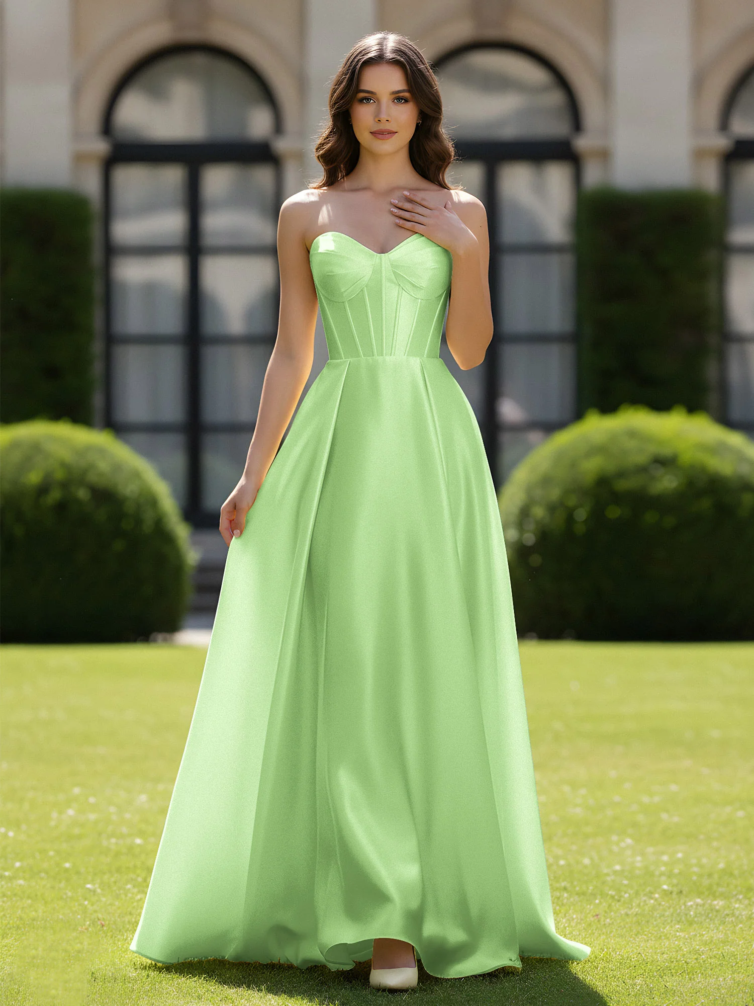 A-Line Sweetheart Satin Zipper Floor Length Gown Sage