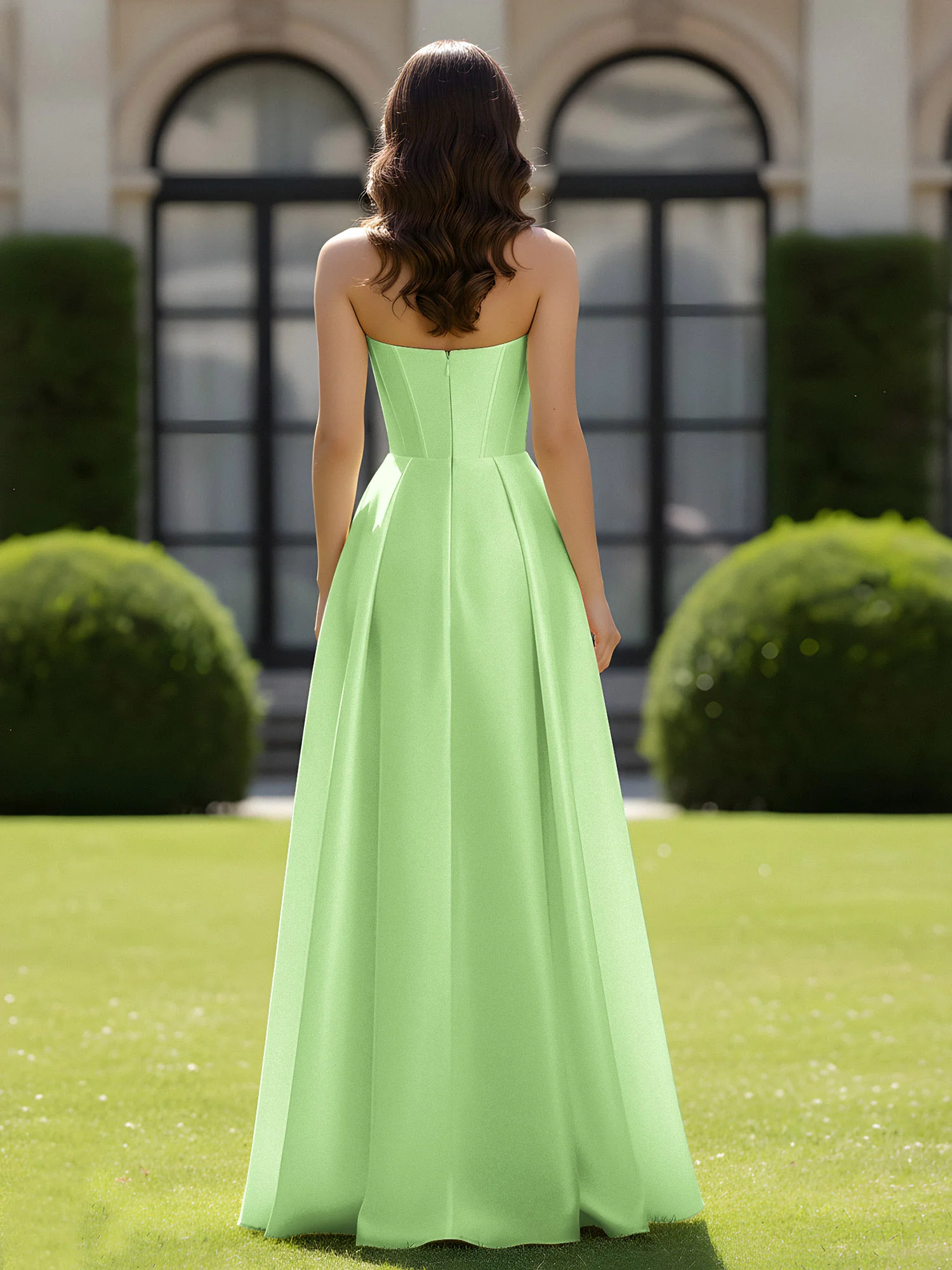 A-Line Sweetheart Satin Zipper Floor Length Gown Sage - Image 2