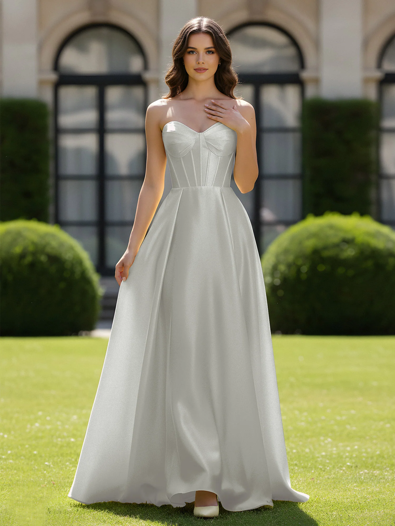 A-Line Sweetheart Satin Zipper Floor Length Gown Silver
