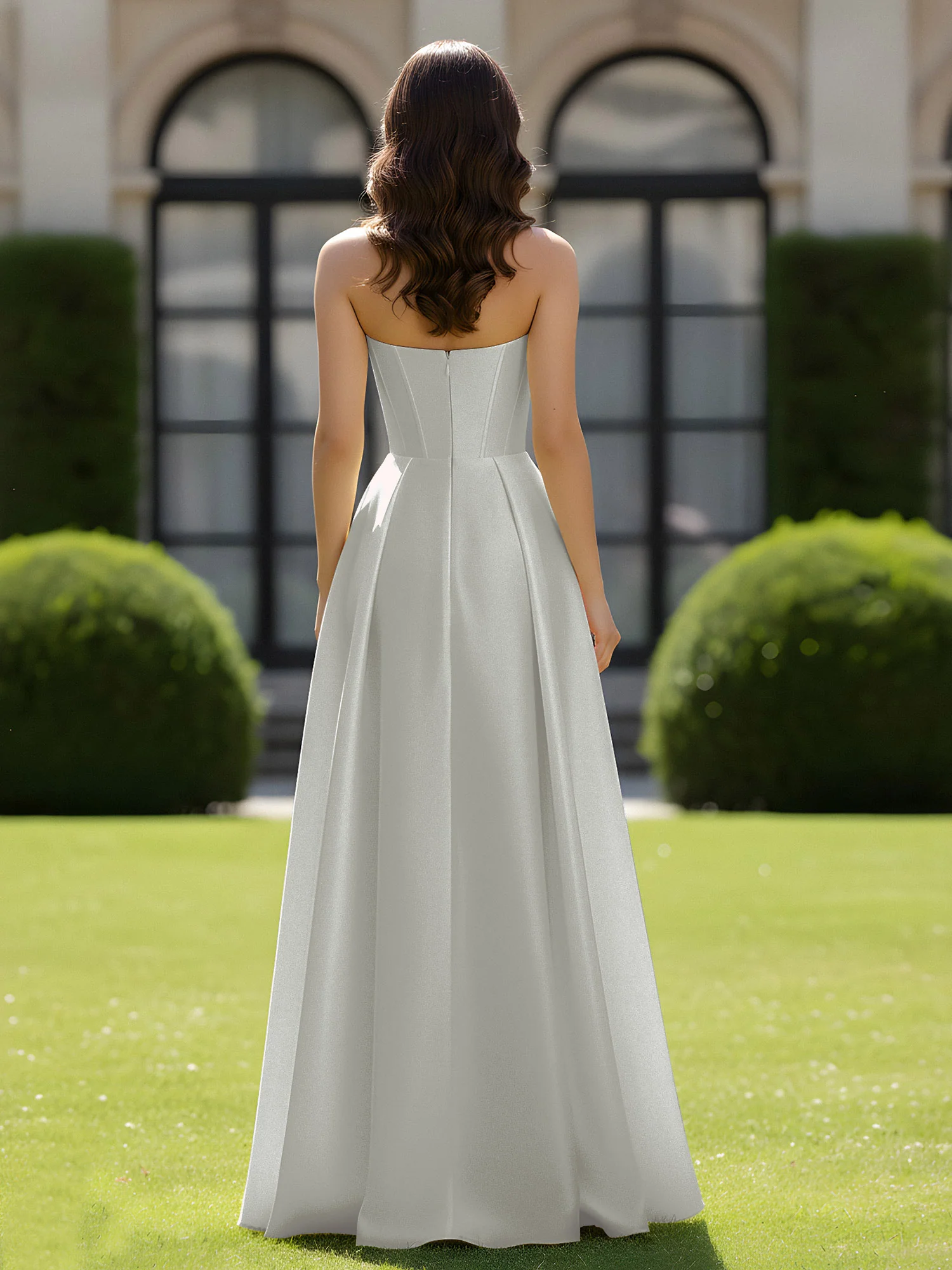 A-Line Sweetheart Satin Zipper Floor Length Gown Silver - Image 2