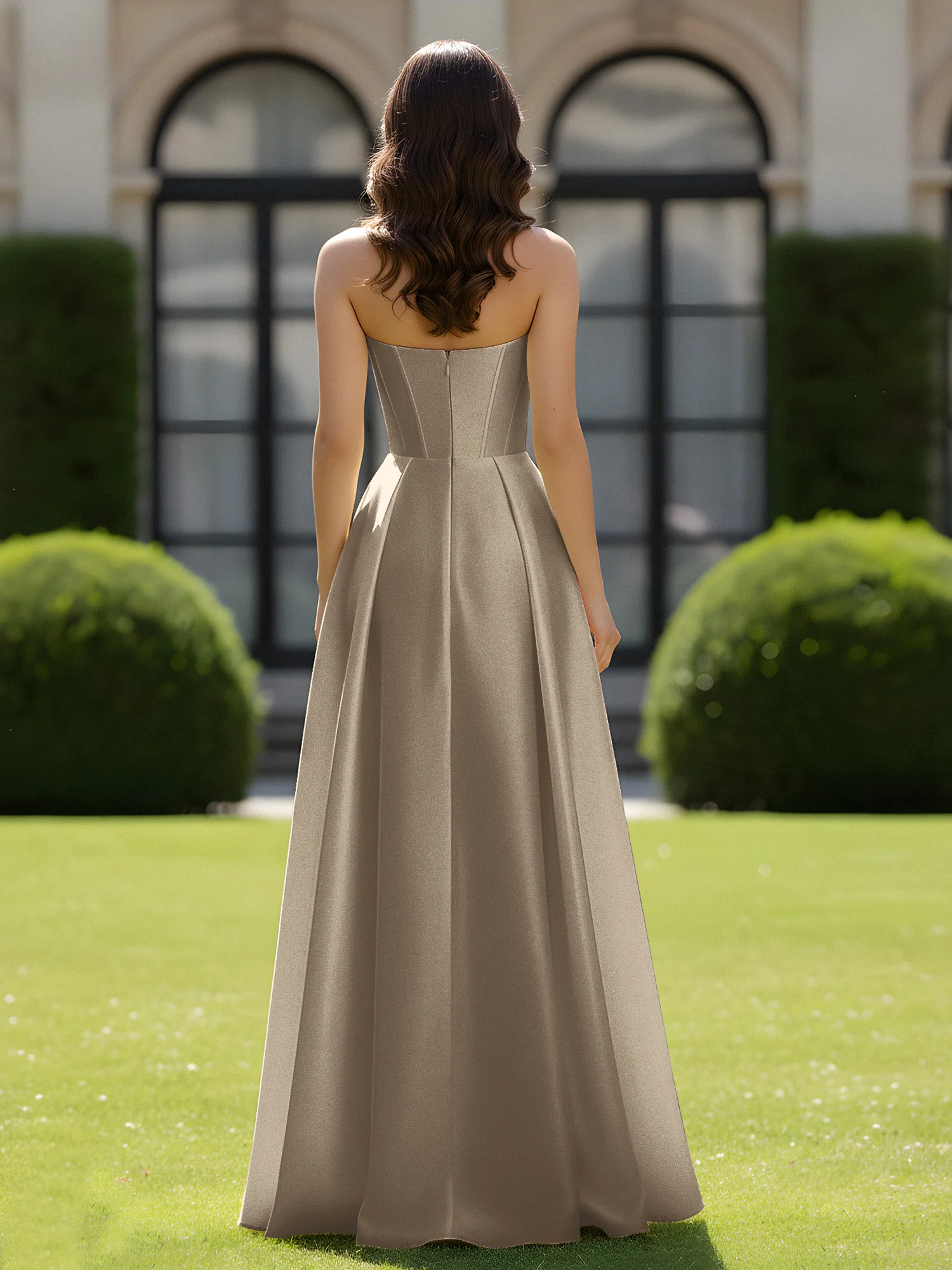 A-Line Sweetheart Satin Zipper Floor Length Gown Taupe - Image 2