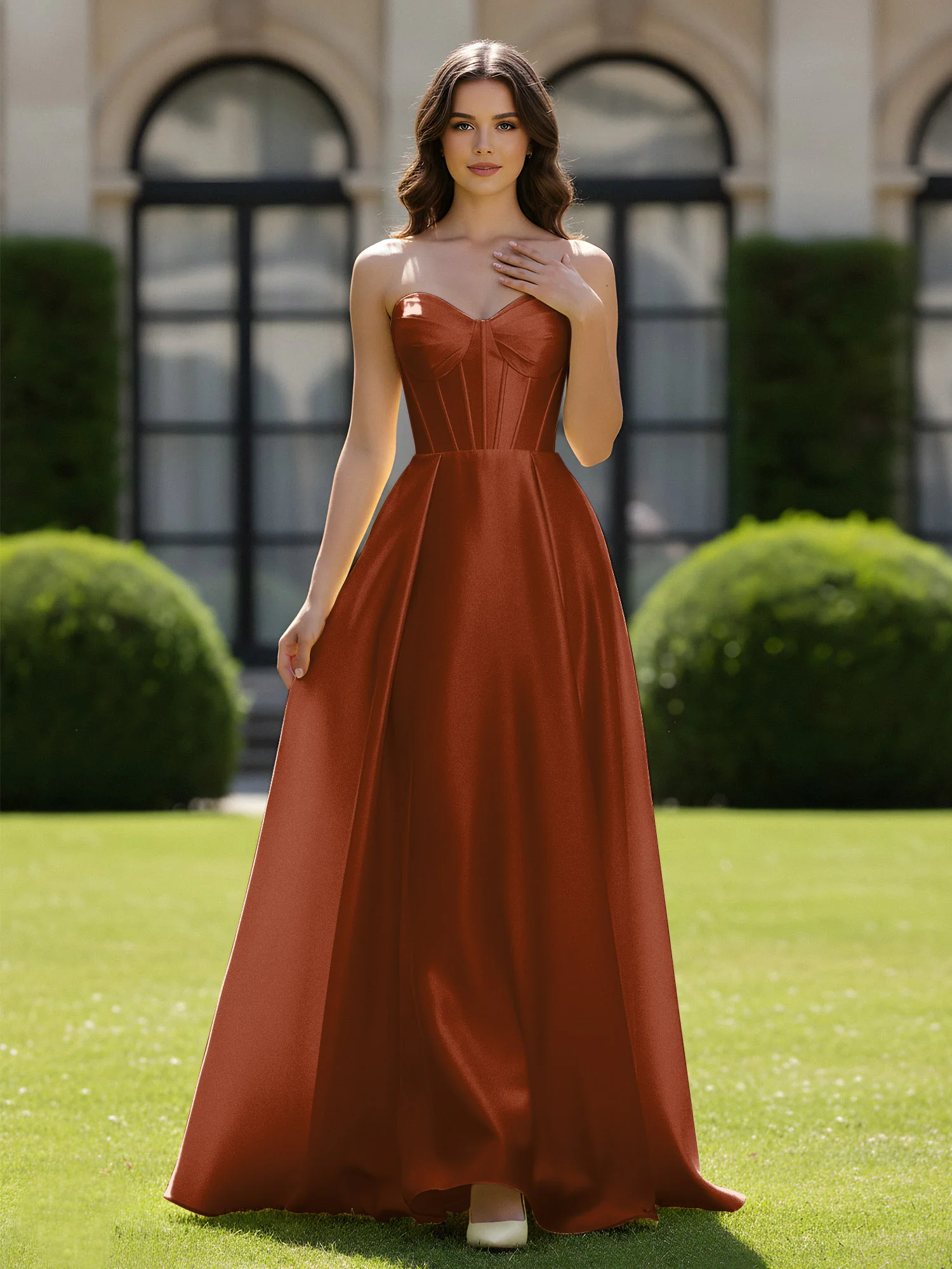 A-Line Sweetheart Satin Zipper Floor Length Gown Terracotta