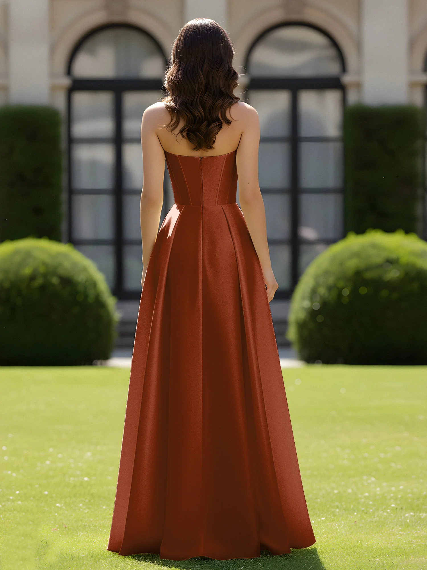 A-Line Sweetheart Satin Zipper Floor Length Gown Terracotta - Image 2